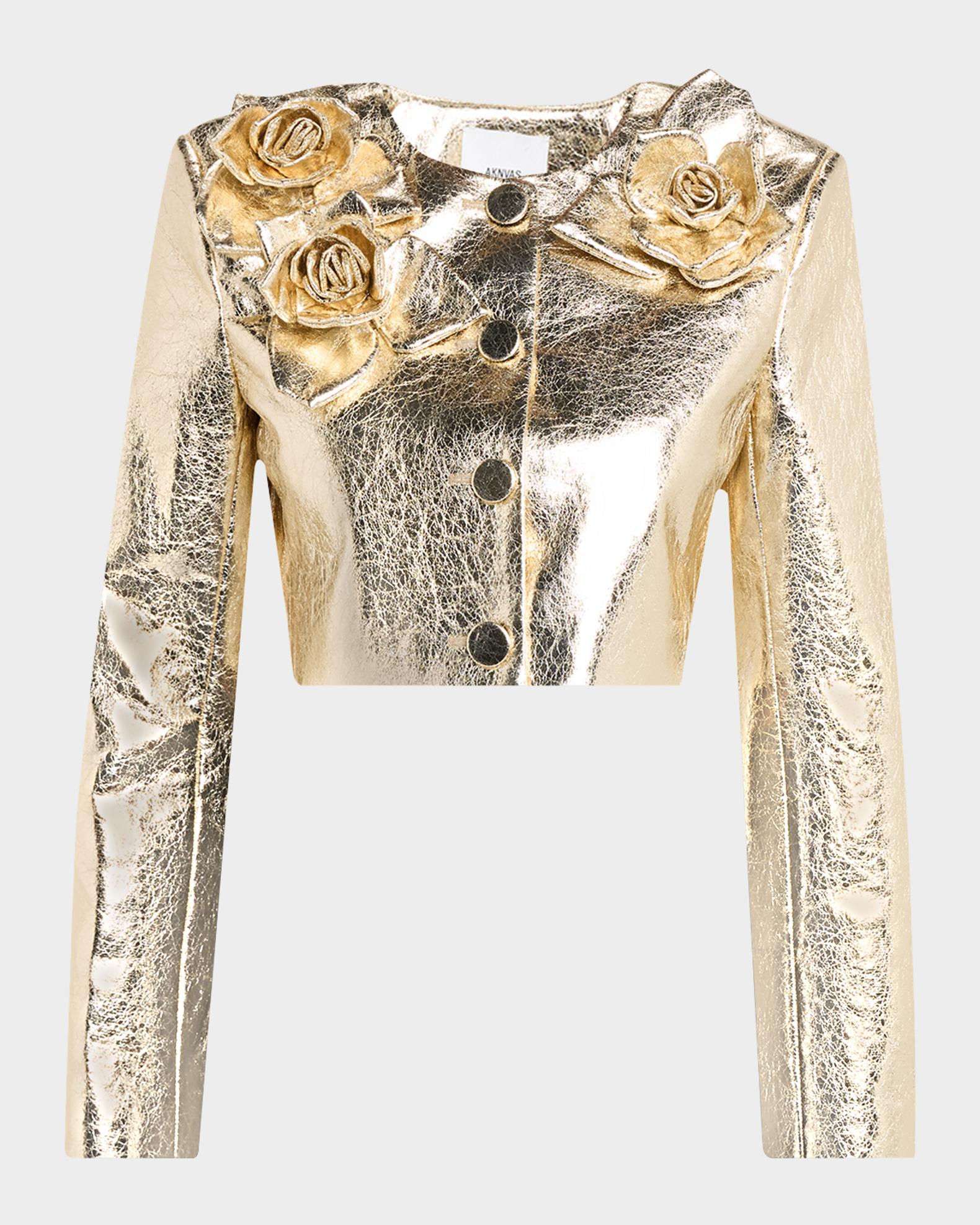 AKNVAS Signe Metallic Jacket with Flower Appliqué | Neiman Marcus