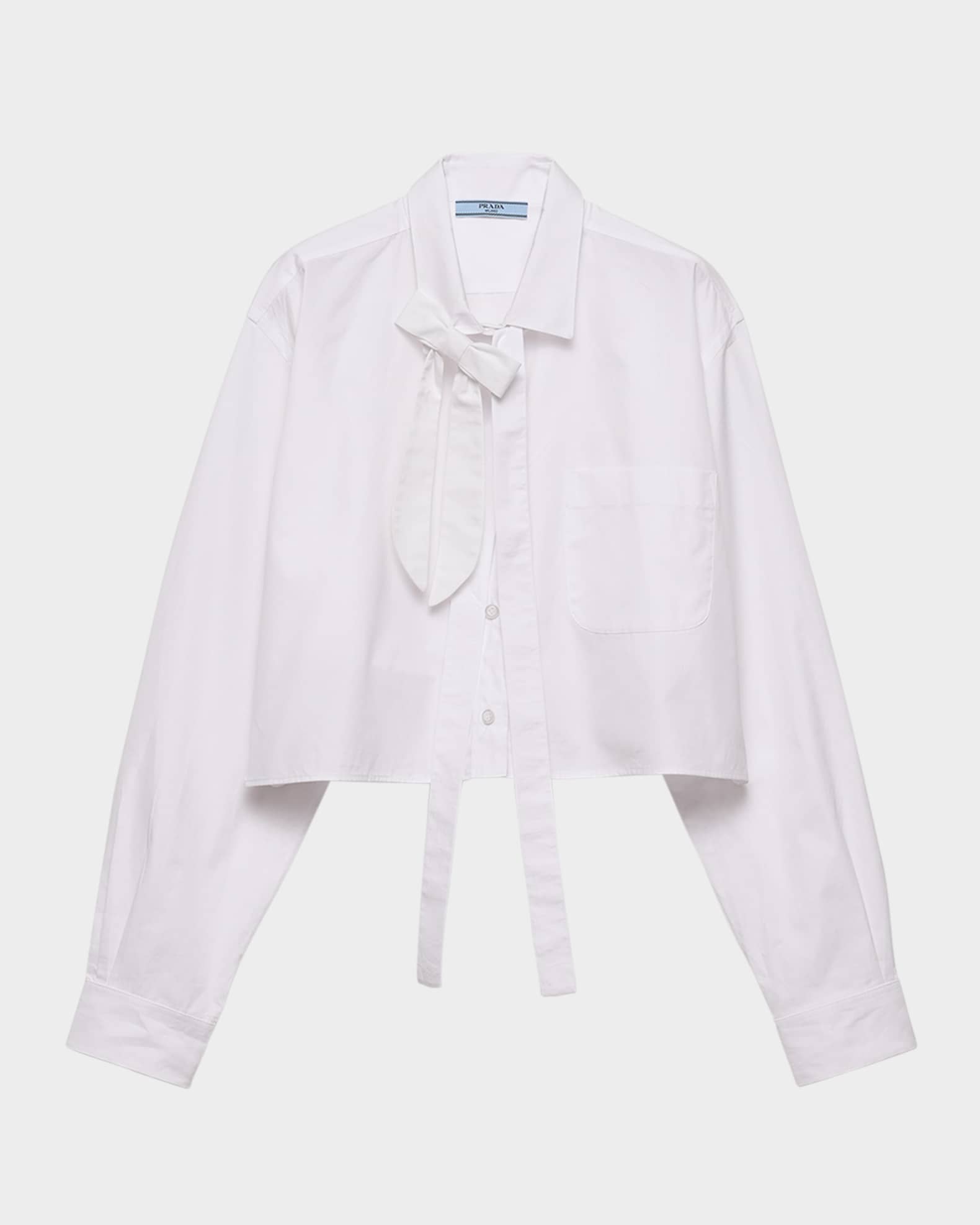 Prada Tie-Neck Cropped Poplin Shirt | Neiman Marcus