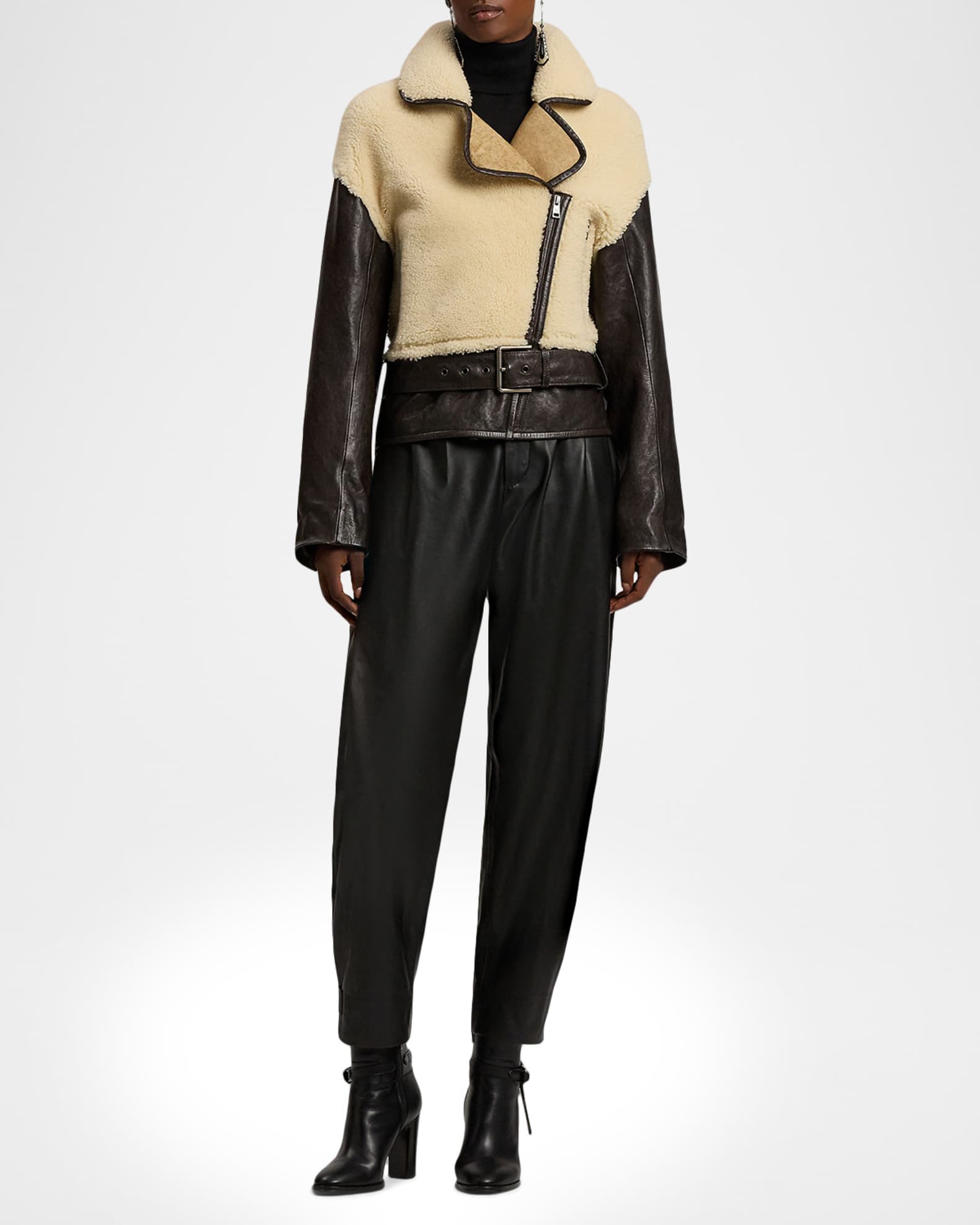 Ralph Lauren Collection Jeanne Pleated Leather Barrel Ankle Pants ...