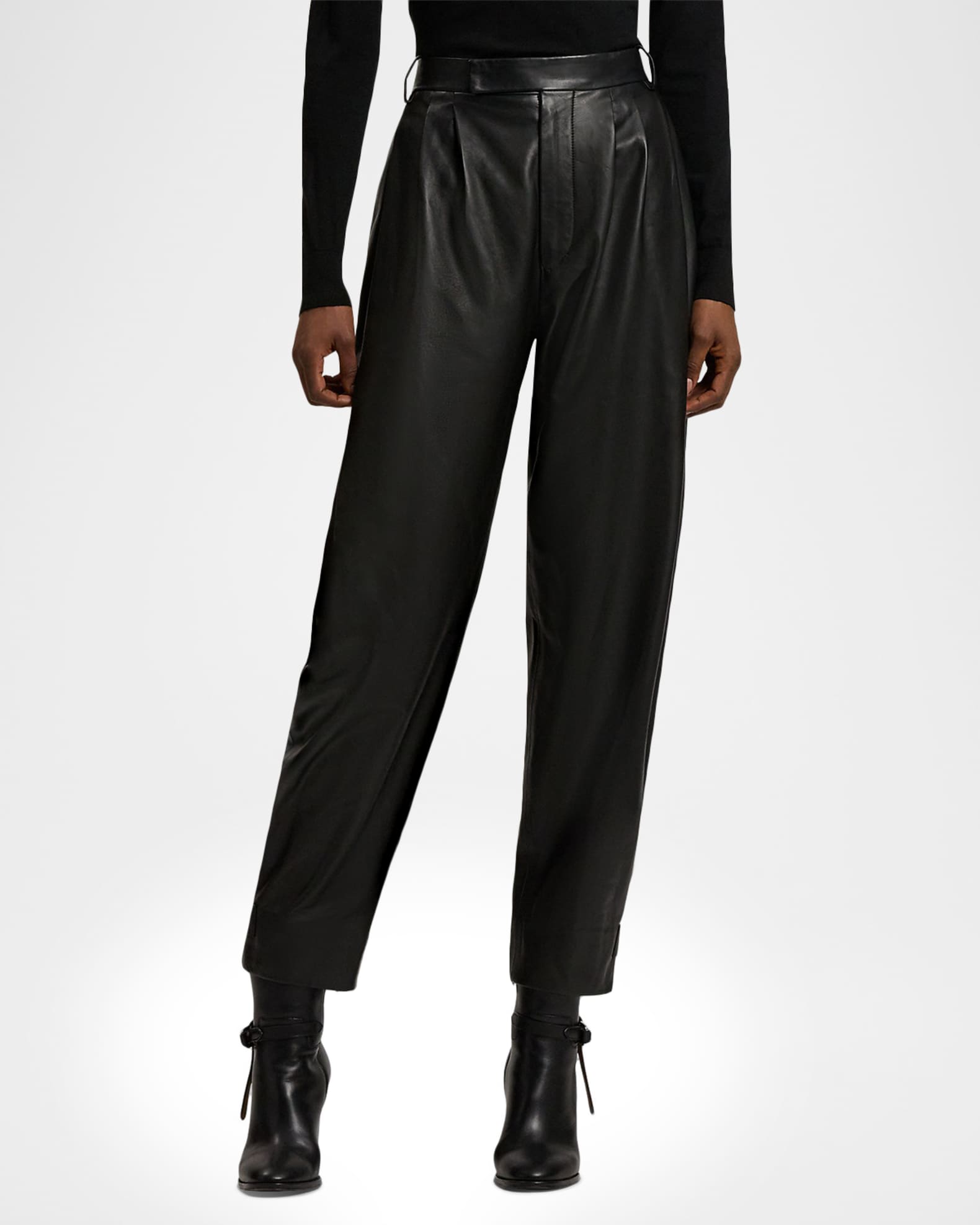Ralph Lauren Collection Jeanne Pleated Leather Barrel Ankle Pants ...