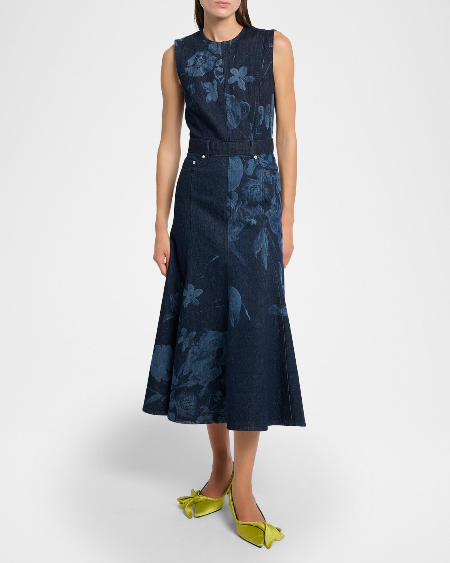 Erdem Floral-Print Denim Sleeveless Flute Midi Dress