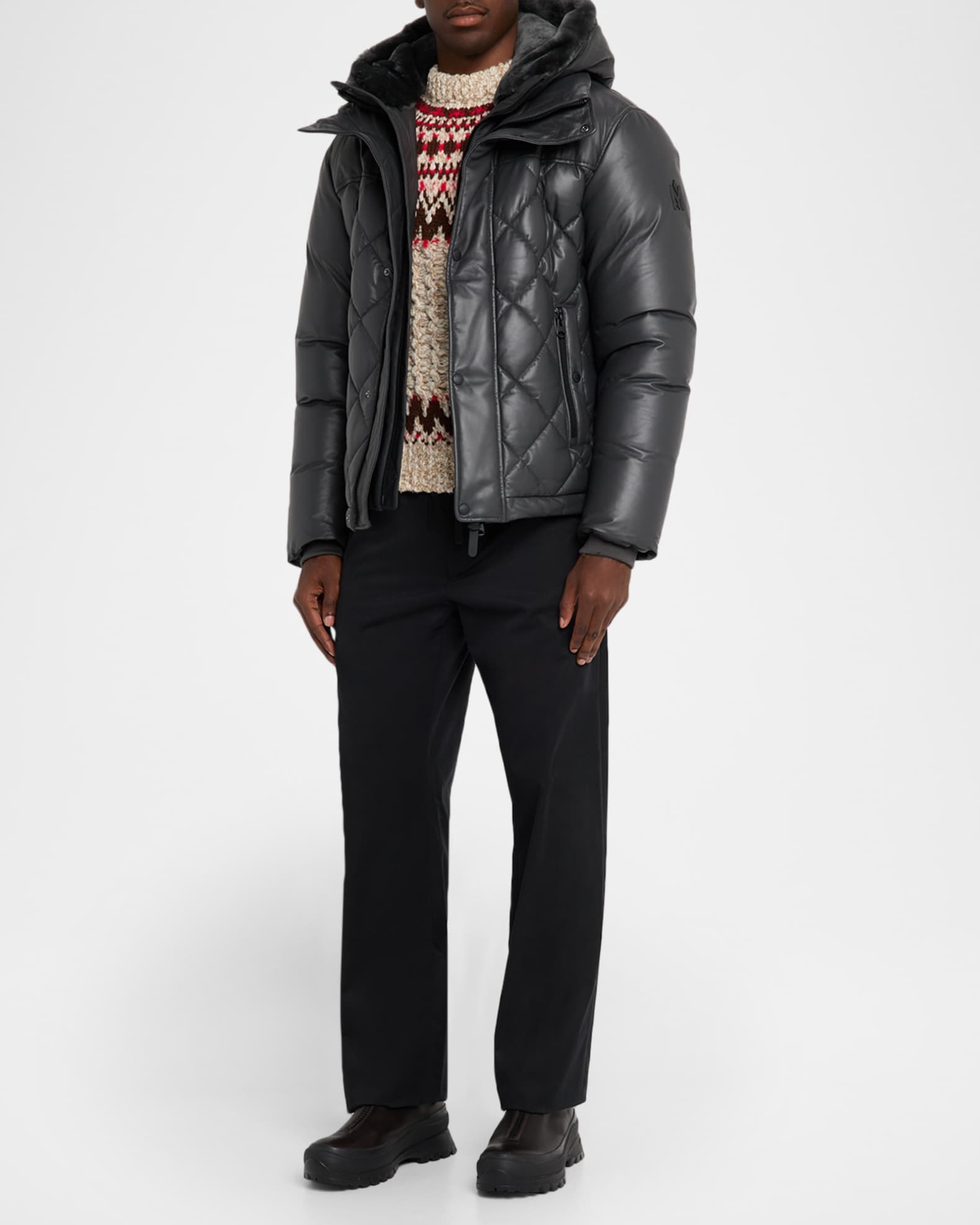 Mackage Men's Cash Down Quilted Leather Jacket with Shearling Hood
