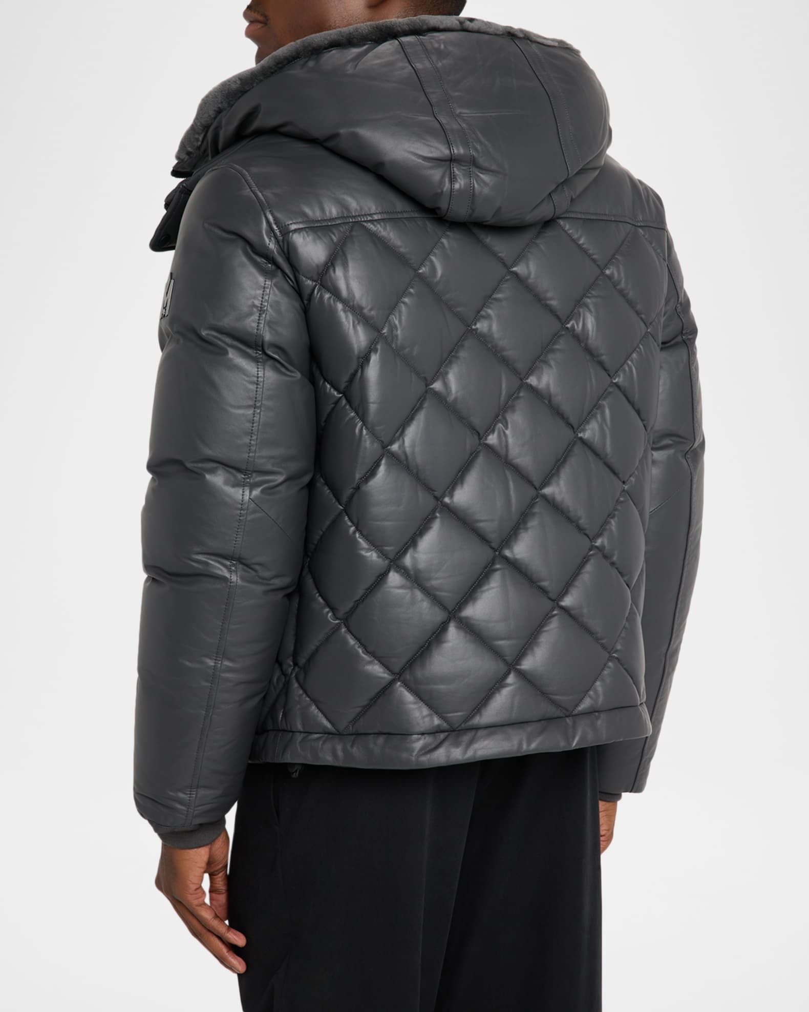 Mackage Men's Cash Down Quilted Leather Jacket with Shearling Hood