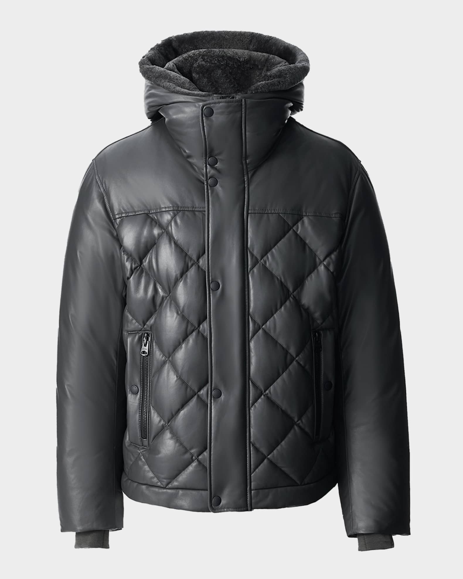 Mackage Men's Cash Down Quilted Leather Jacket with Shearling Hood