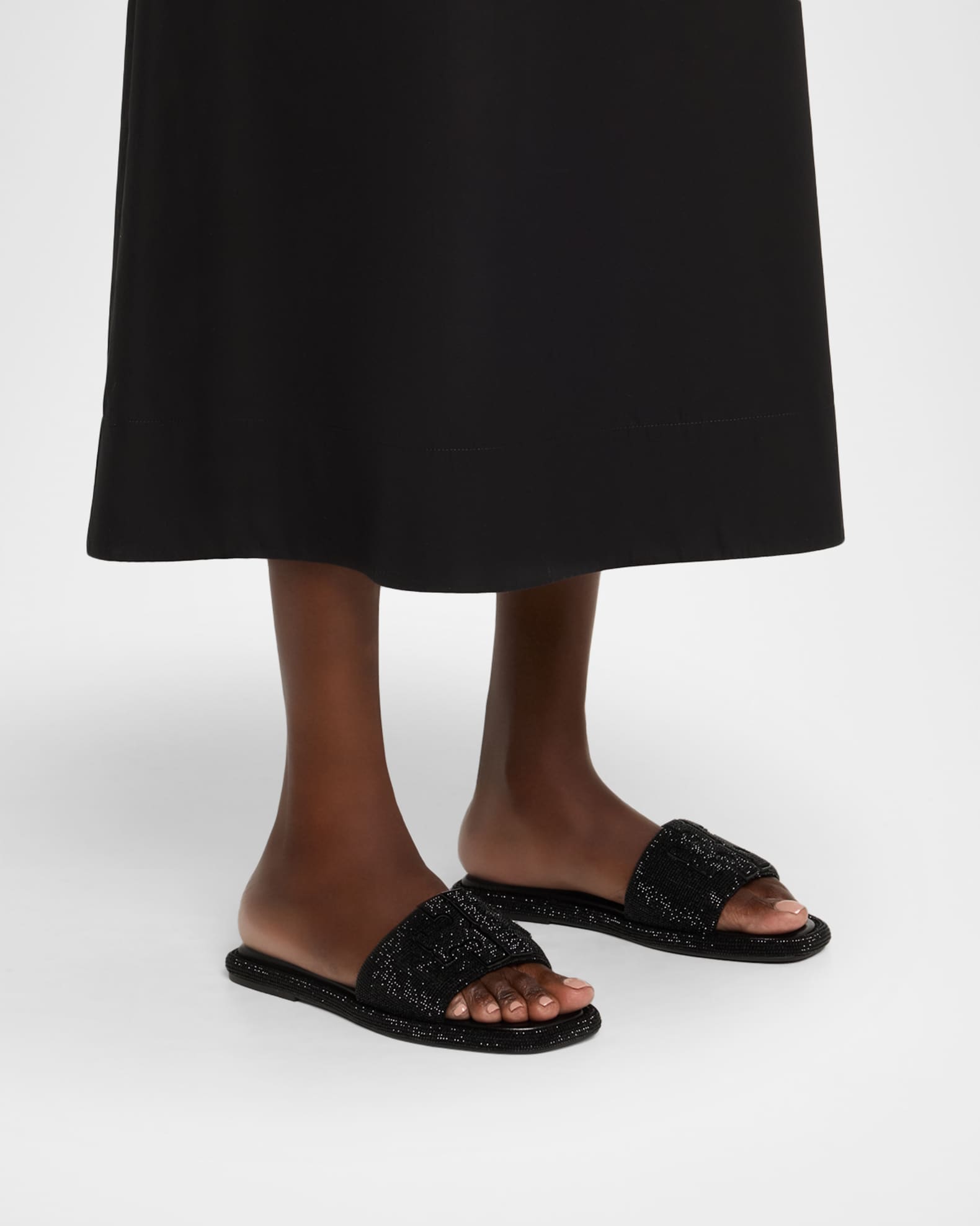 Tory Burch Double T Pave Leather Slide Sandals | Neiman Marcus