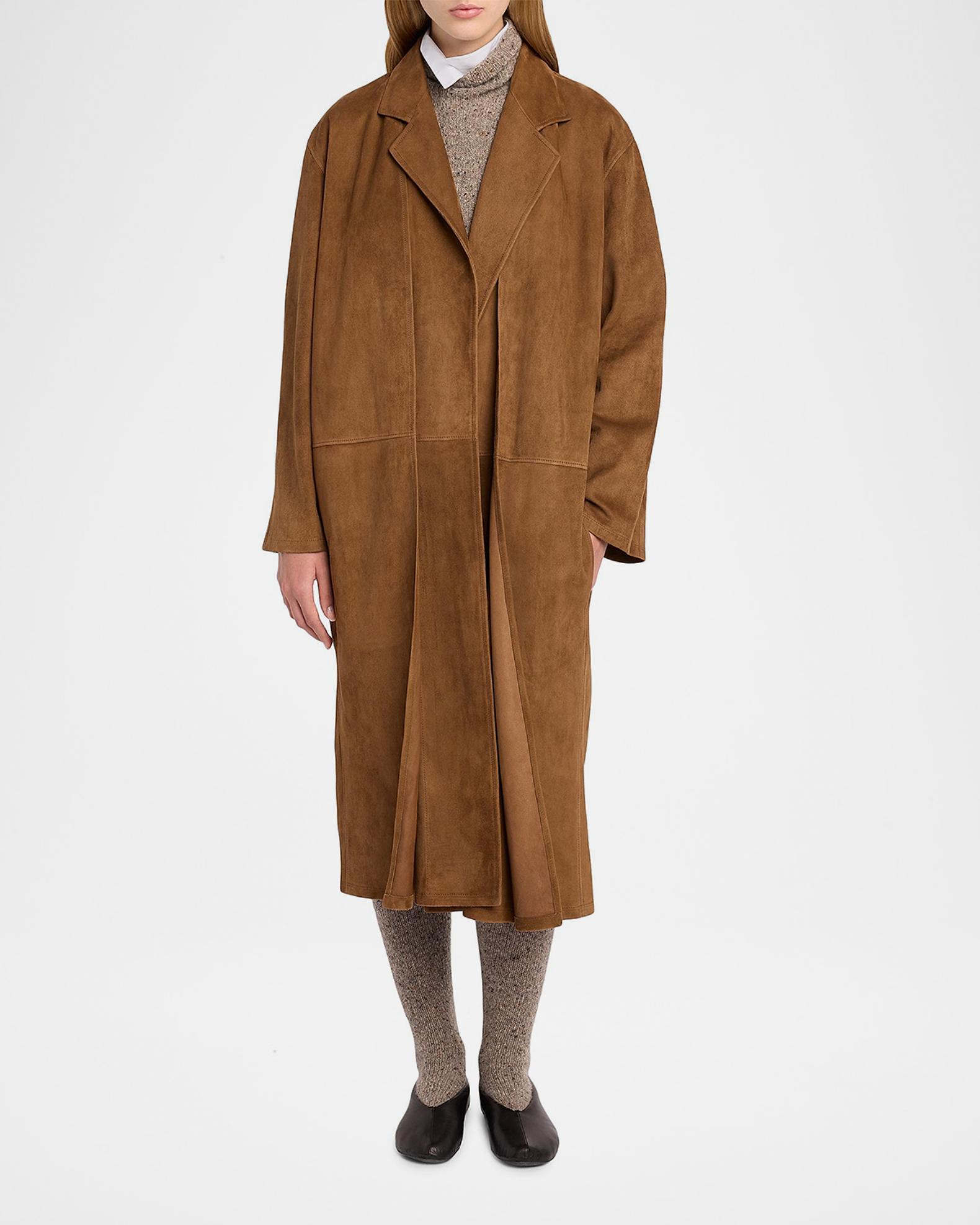 THE ROW Serenis Layered Suede Open Coat | Neiman Marcus