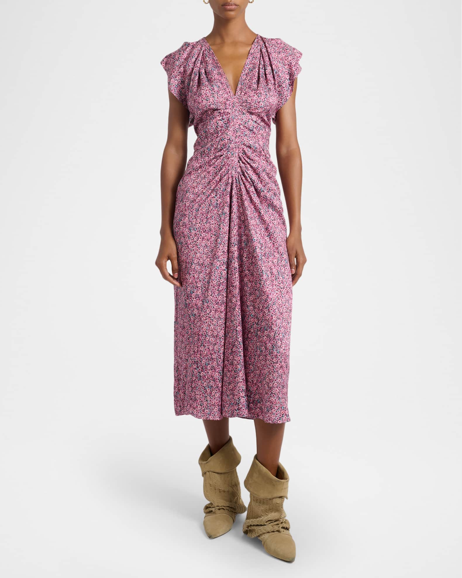Isabel Marant Lyndsay Floral Satin Flutter-Sleeve Midi Dress
