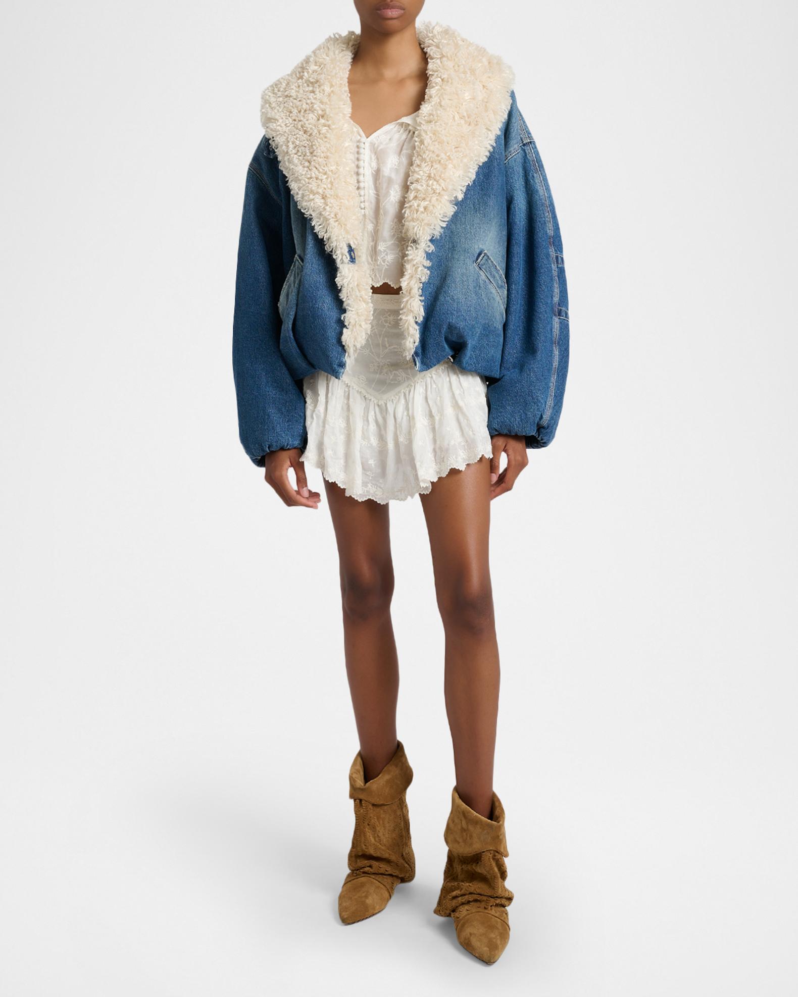Isabel Marant Charone Short Denim Jacket with Faux Fur Trim 