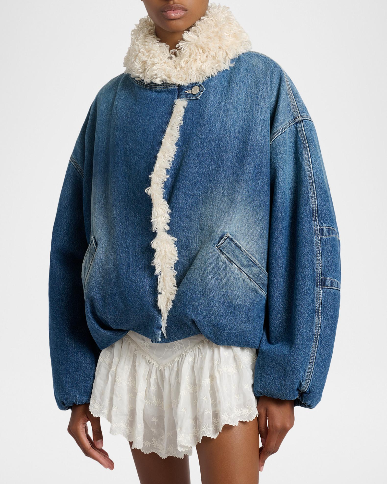 Isabel Marant Charone Short Denim Jacket with Faux Fur Trim
