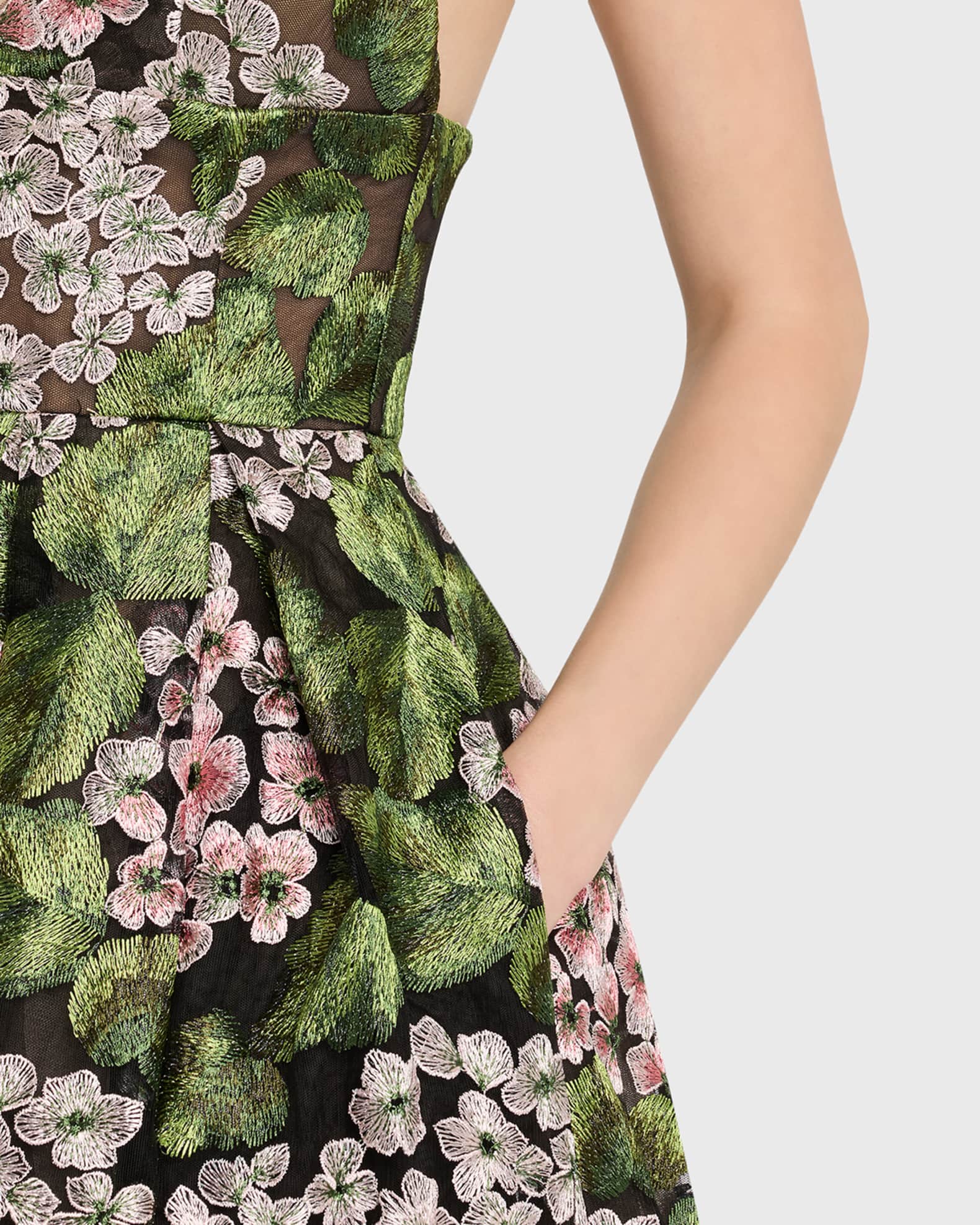 Bronx and Banco Eden Pleated Floral-Embroidered Midi Dress | Neiman Marcus