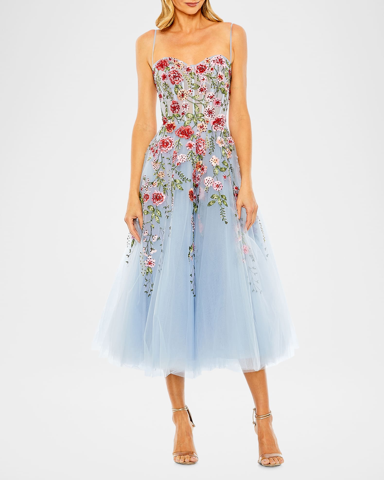Mac Duggal Floral-Embroidered Tulle Midi Dress | Neiman Marcus