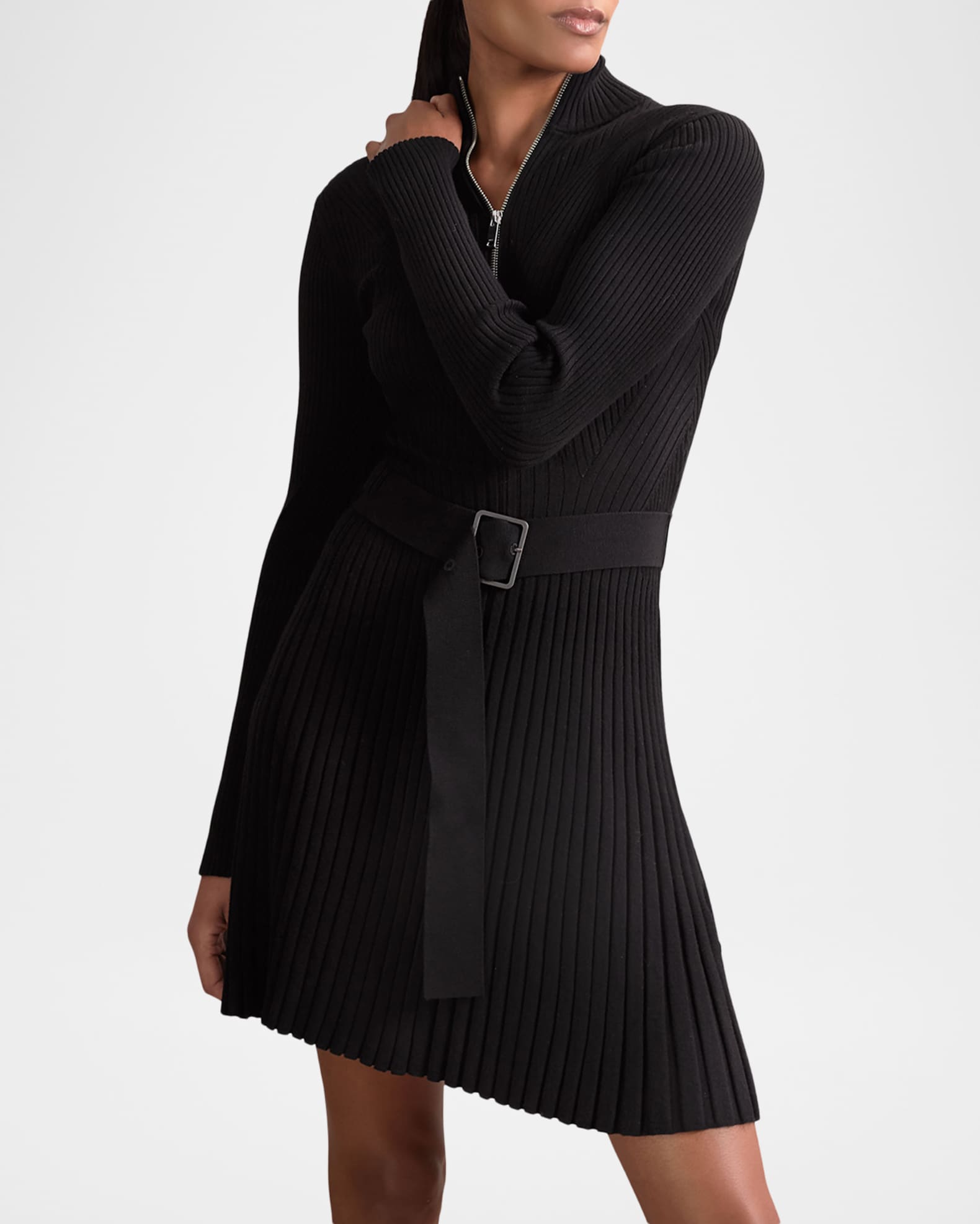Reiss Vienna Rib-knit Belted Half-zip Dress - Black