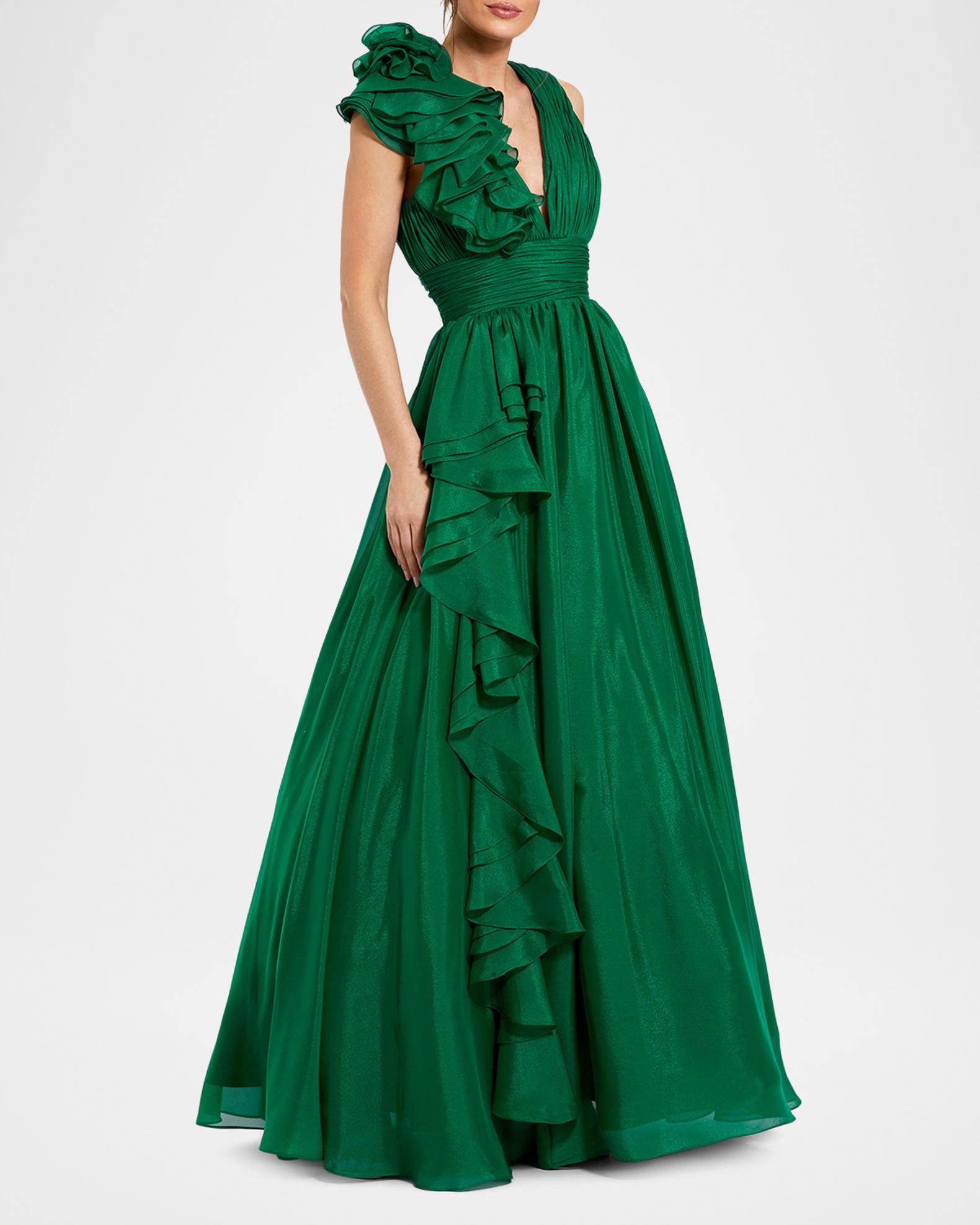 Mac Duggal Sleeveless Deep V-Neck Ruffle Gown | Neiman Marcus