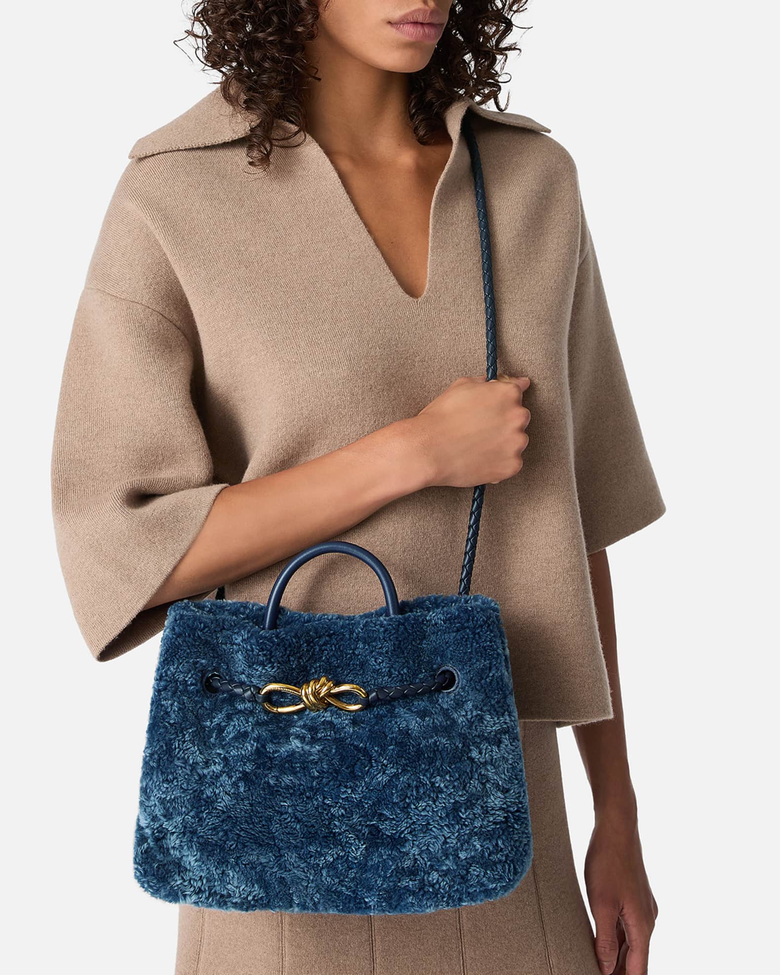 Bottega Veneta Andiamo Small Shearling Top-Handle Bag | Neiman Marcus