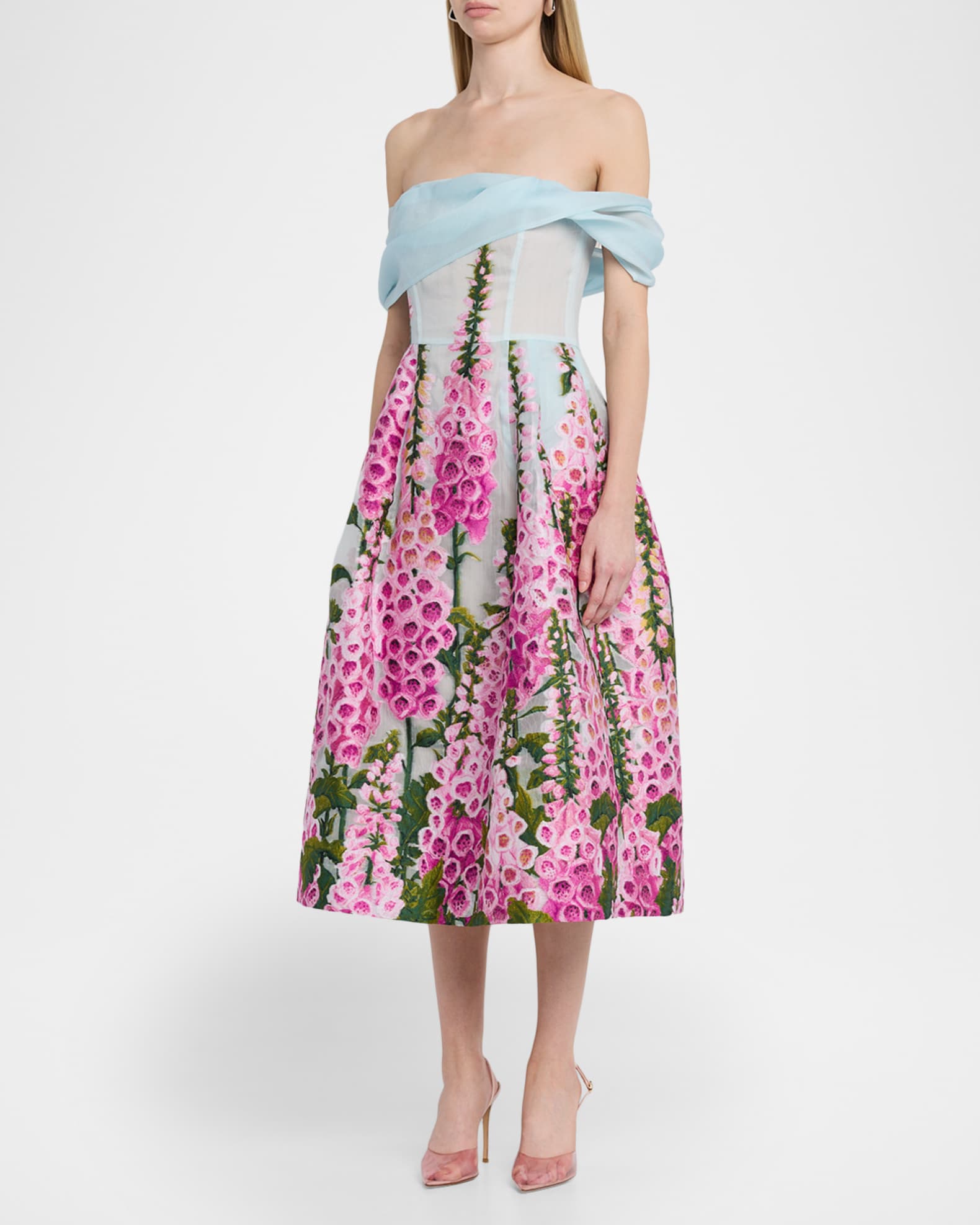 Oscar de la Renta Foxglove Ombre Organza Off-The-Shoulder Tea-Length Dress  | Neiman Marcus