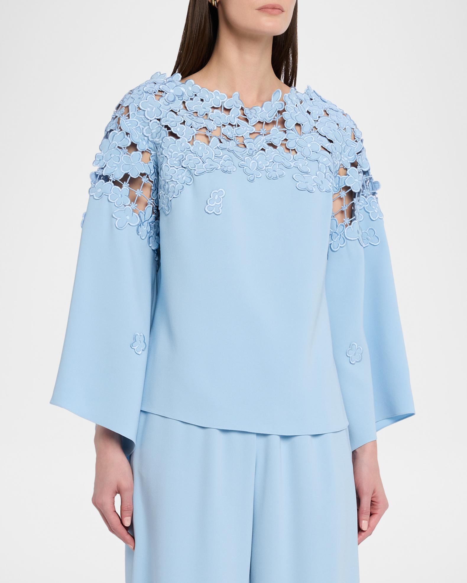 Oscar de la Renta Floral Embroidered Stretch Silk Bell-Sleeve