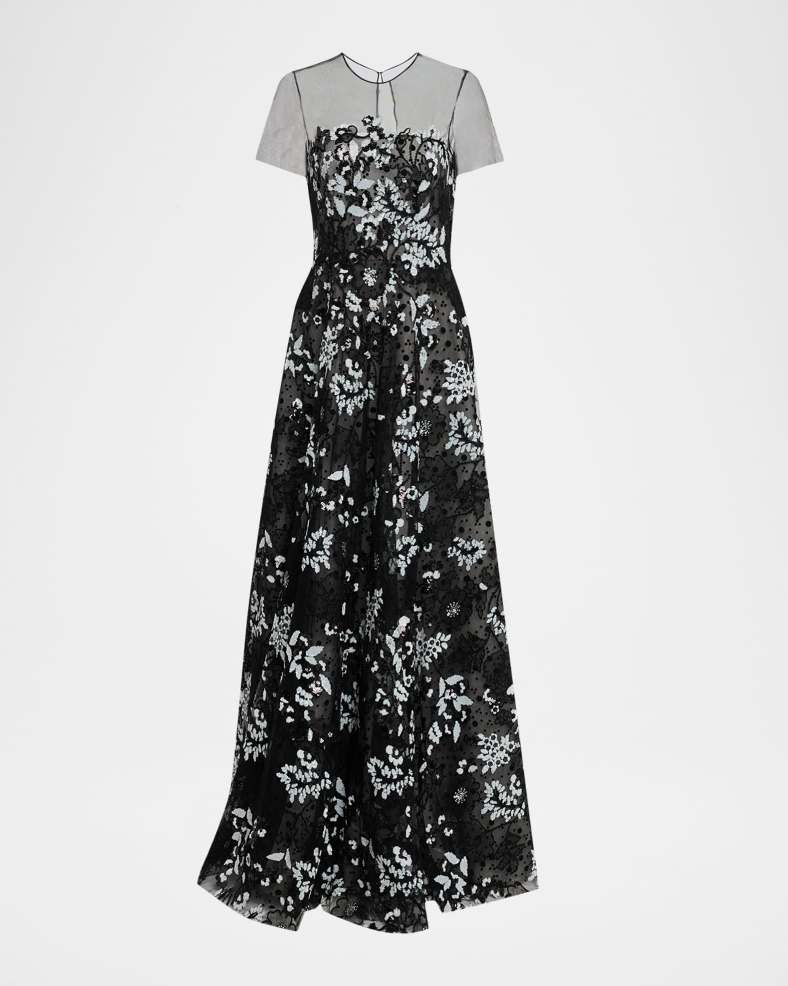 Naeem Khan Illusion Neckline Floral Embroidered Gown, Black/White, Women's, 6, Evening Formal Gala Gowns Mother of the Bride Groom Evening Gowns