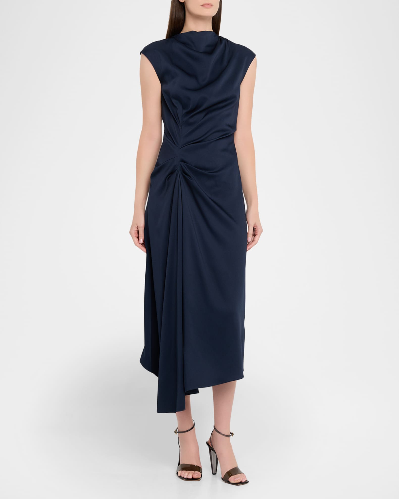 Michael Kors Satin Cowl Neck Cinched Dress - Midnight