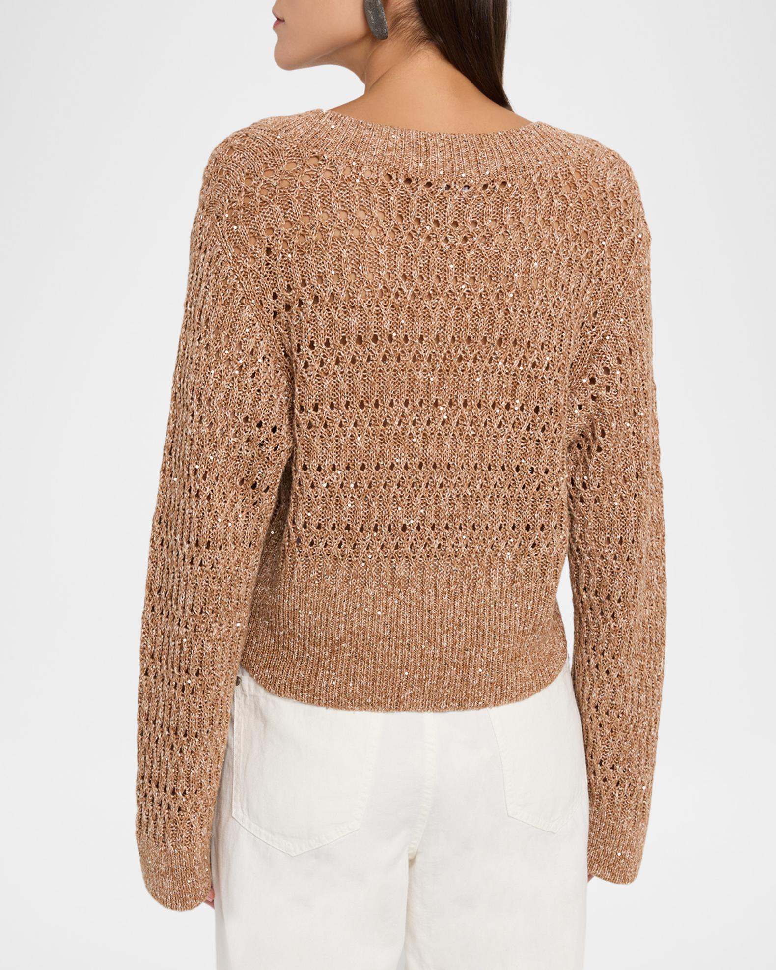 Brunello Cucinelli Openwork Braided Paillette Linen V-Neck Sweater