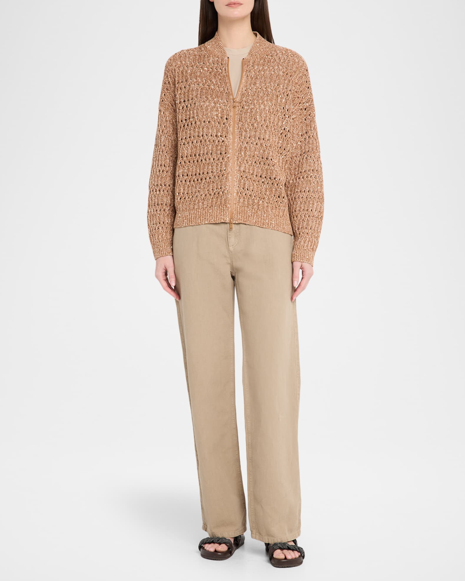 Brunello Cucinelli Paillette Linen Open-Knit Zip Cardigan | Neiman