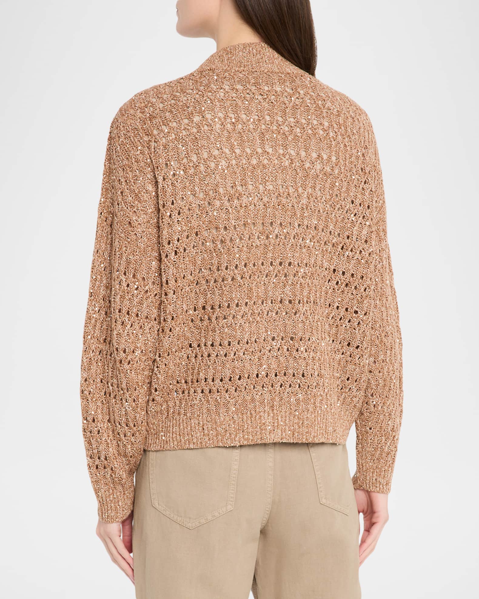 Brunello Cucinelli Paillette Linen Open-Knit Zip Cardigan | Neiman