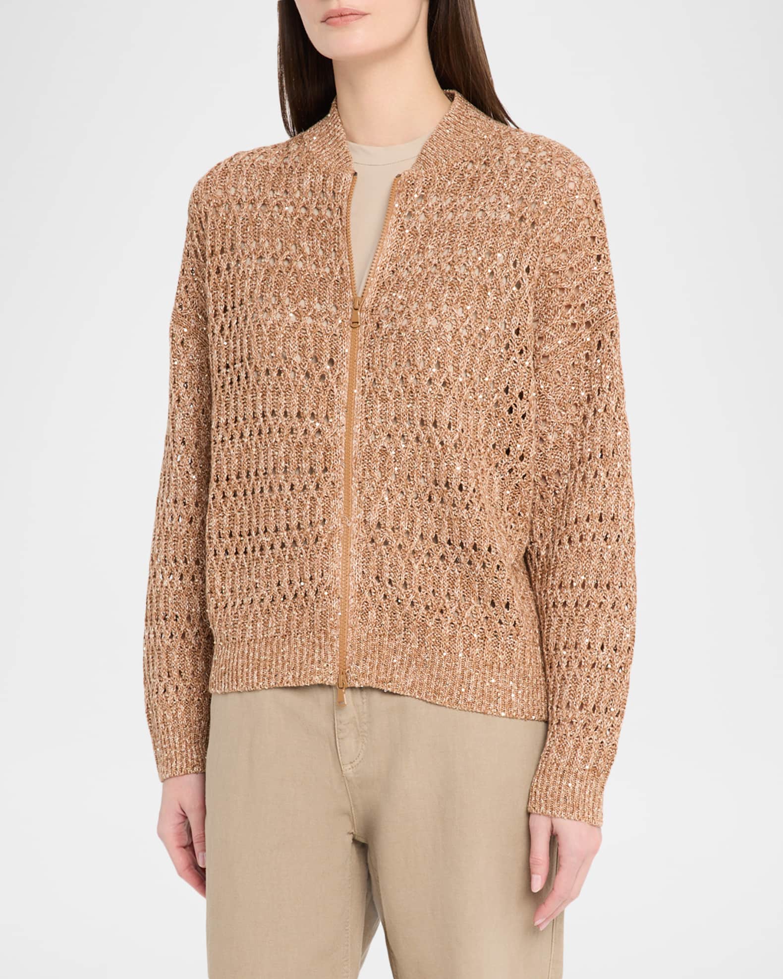 Brunello Cucinelli Paillette Linen Open-Knit Zip Cardigan | Neiman