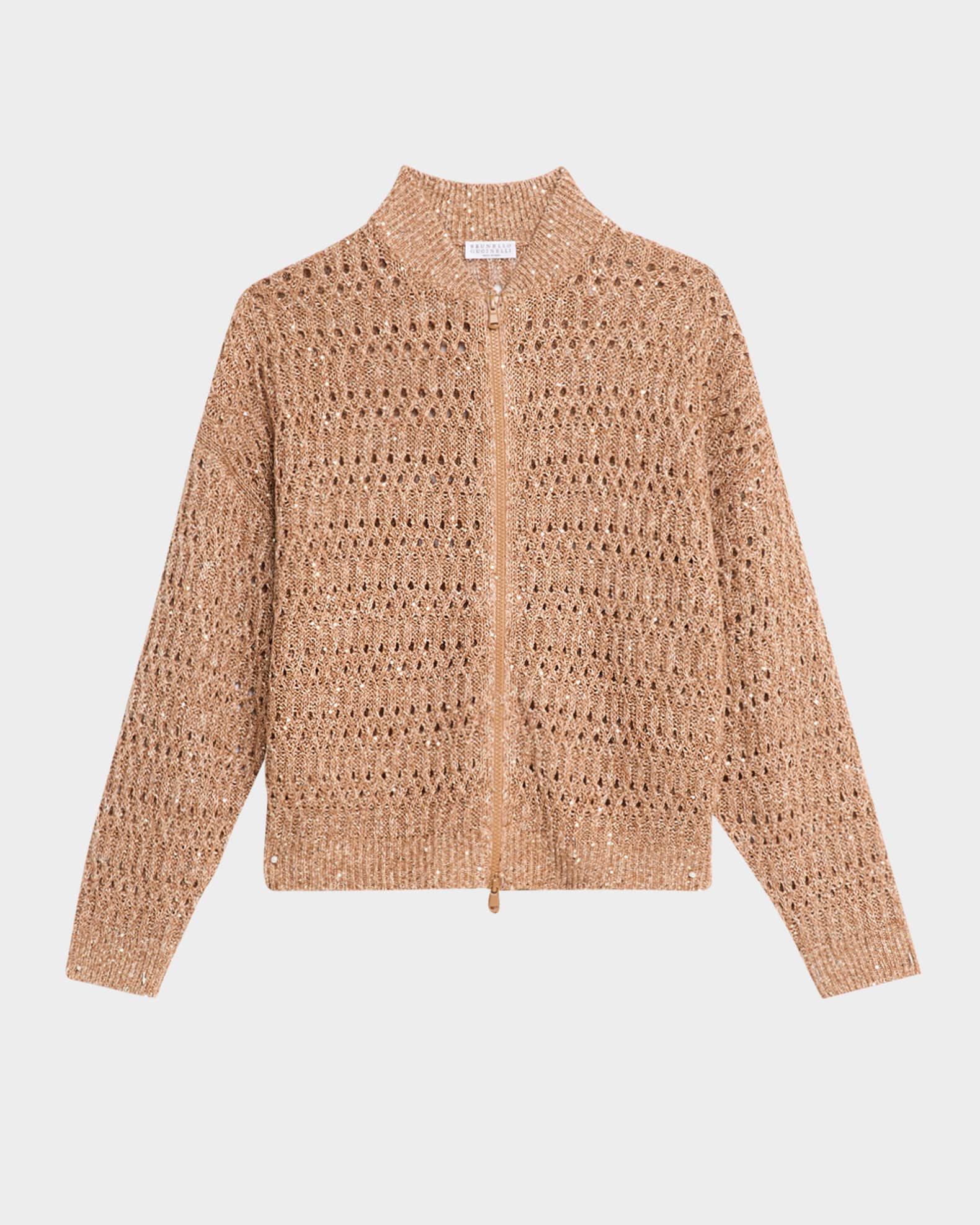Brunello Cucinelli Paillette Linen Open-Knit Zip Cardigan | Neiman
