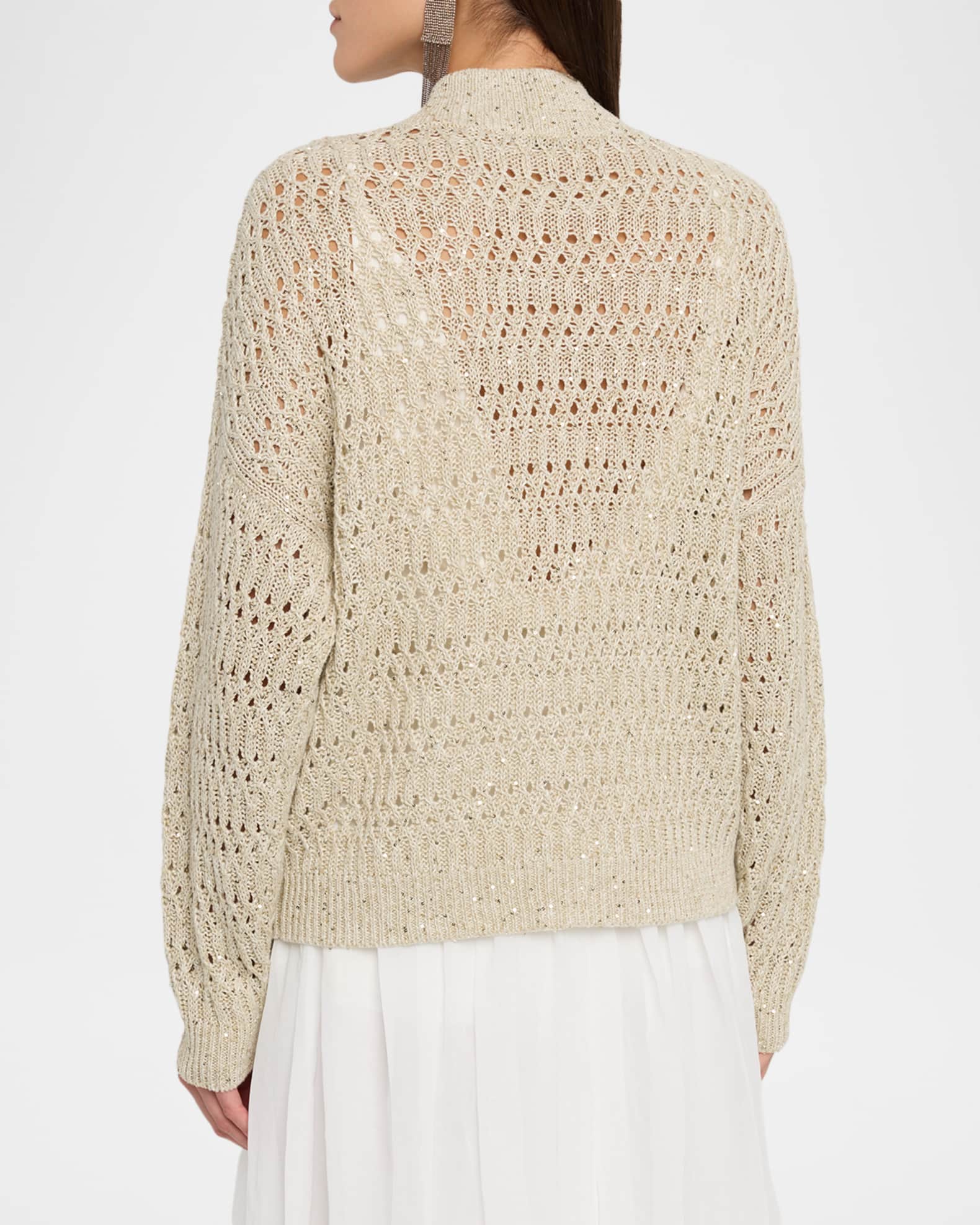 Brunello Cucinelli Paillette Linen Open-Knit Zip Cardigan | Neiman