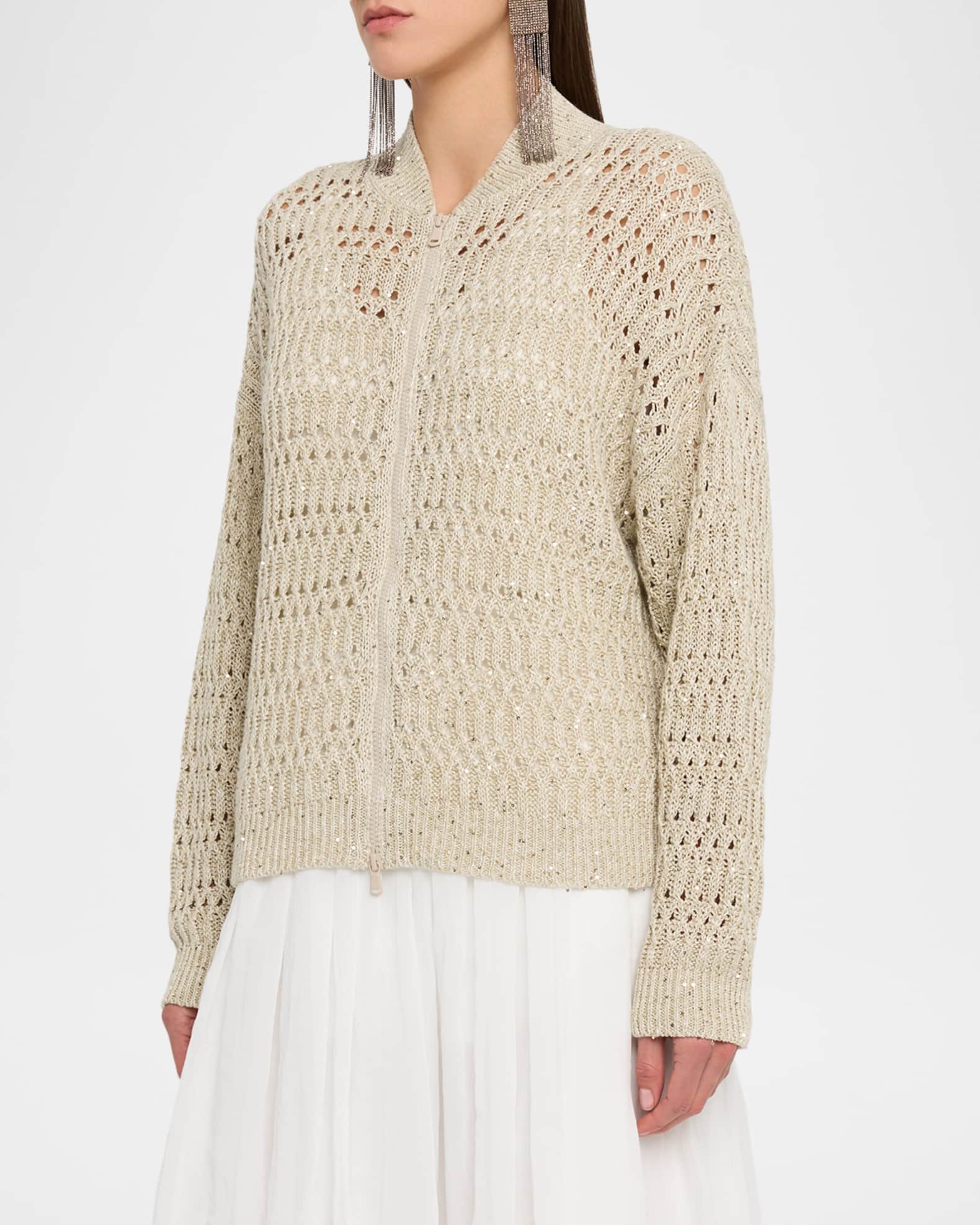 Brunello Cucinelli Paillette Linen Open-Knit Zip Cardigan | Neiman