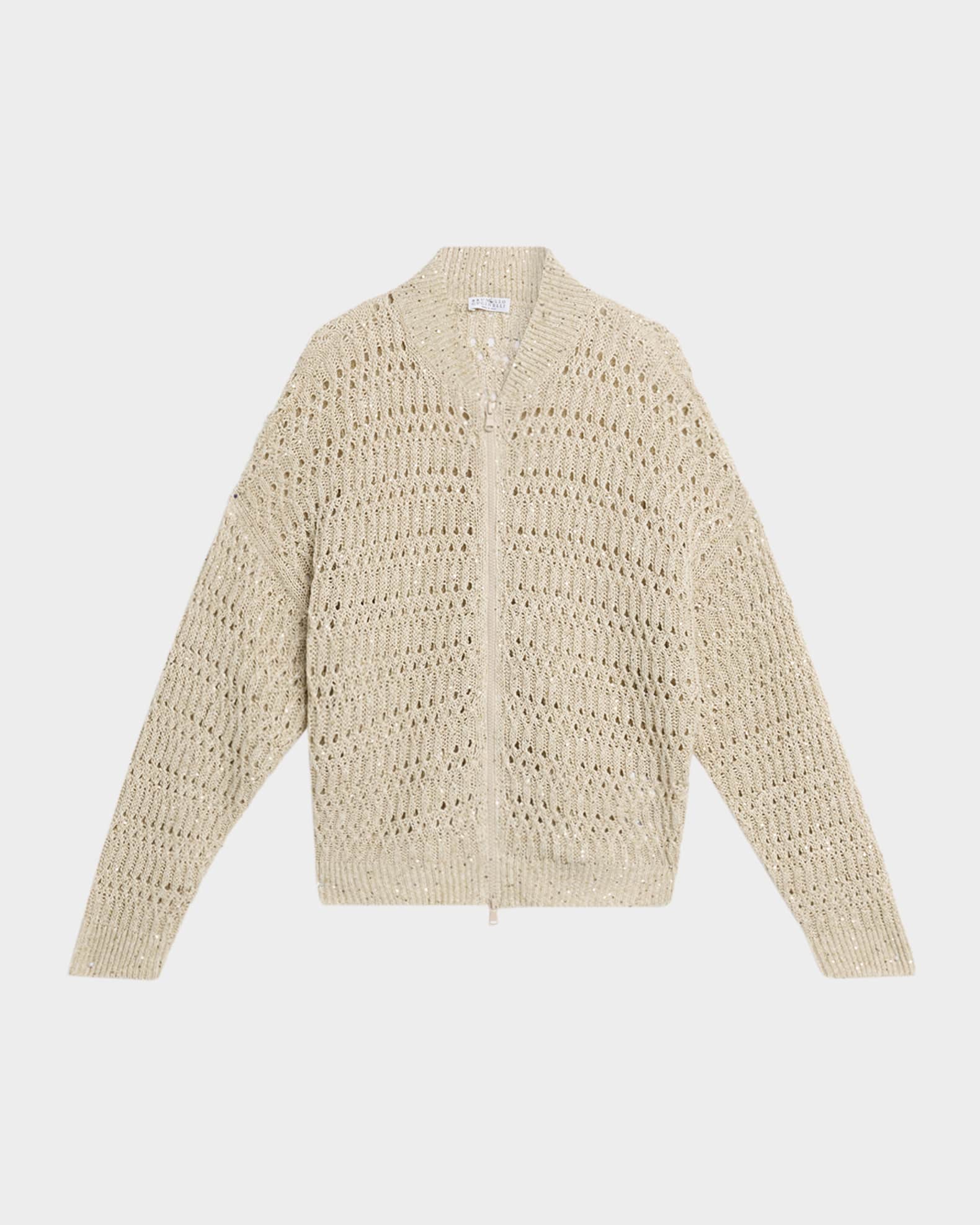 Brunello Cucinelli Paillette Linen Open-Knit Zip Cardigan | Neiman