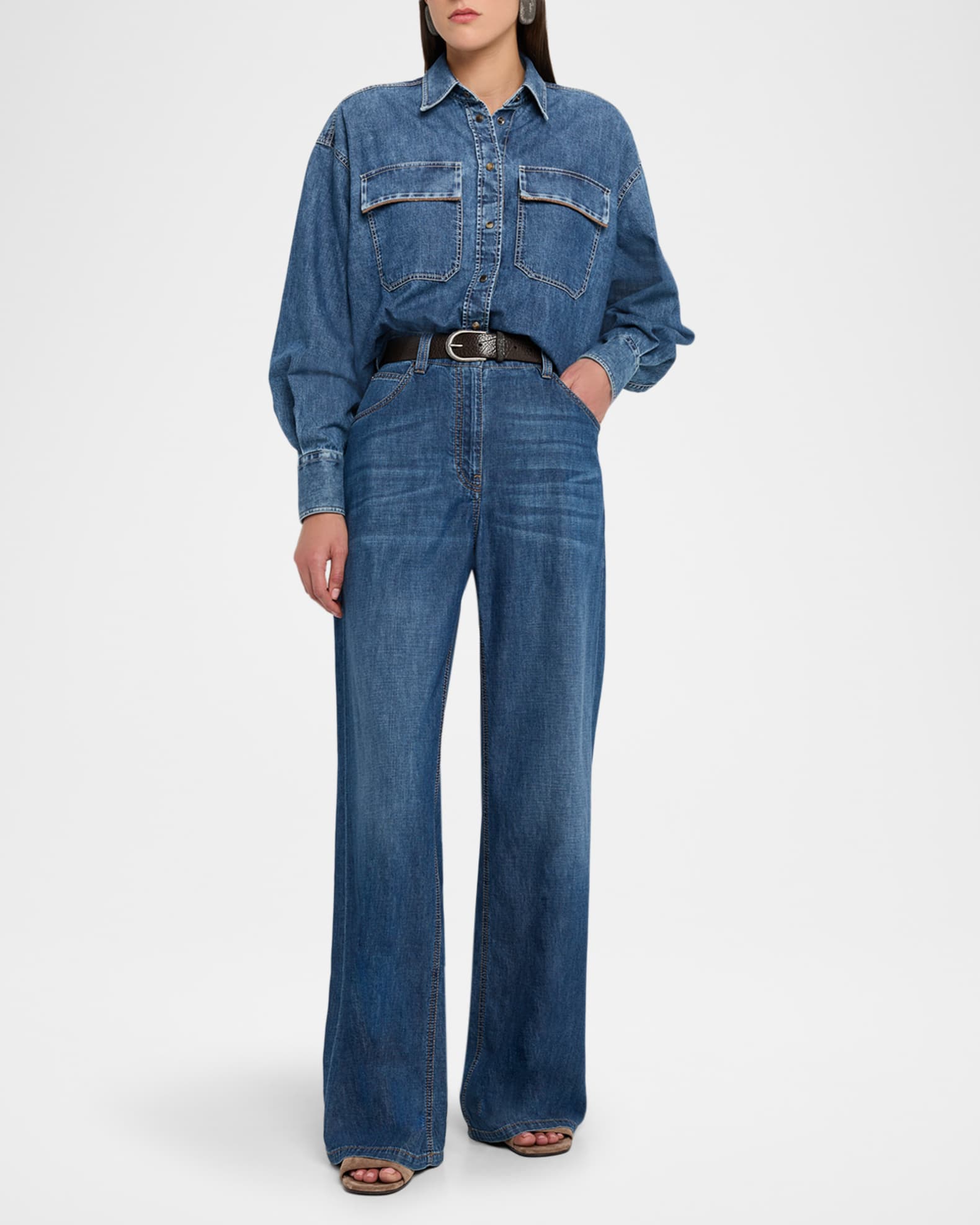 Brunello Cucinelli Lightweight Denim Wide-Leg Jeans With Monili