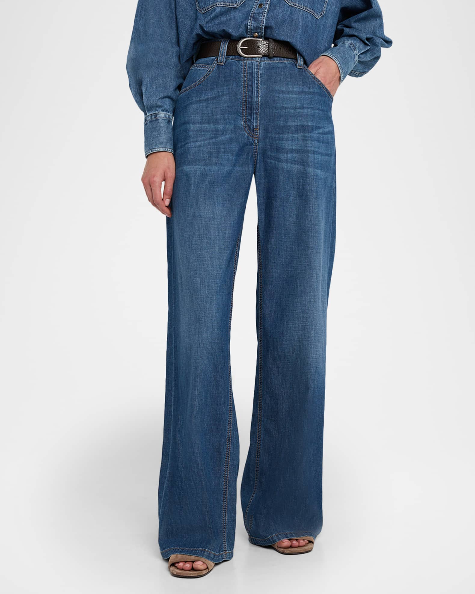 Brunello Cucinelli Lightweight Denim Wide-Leg Jeans With Monili