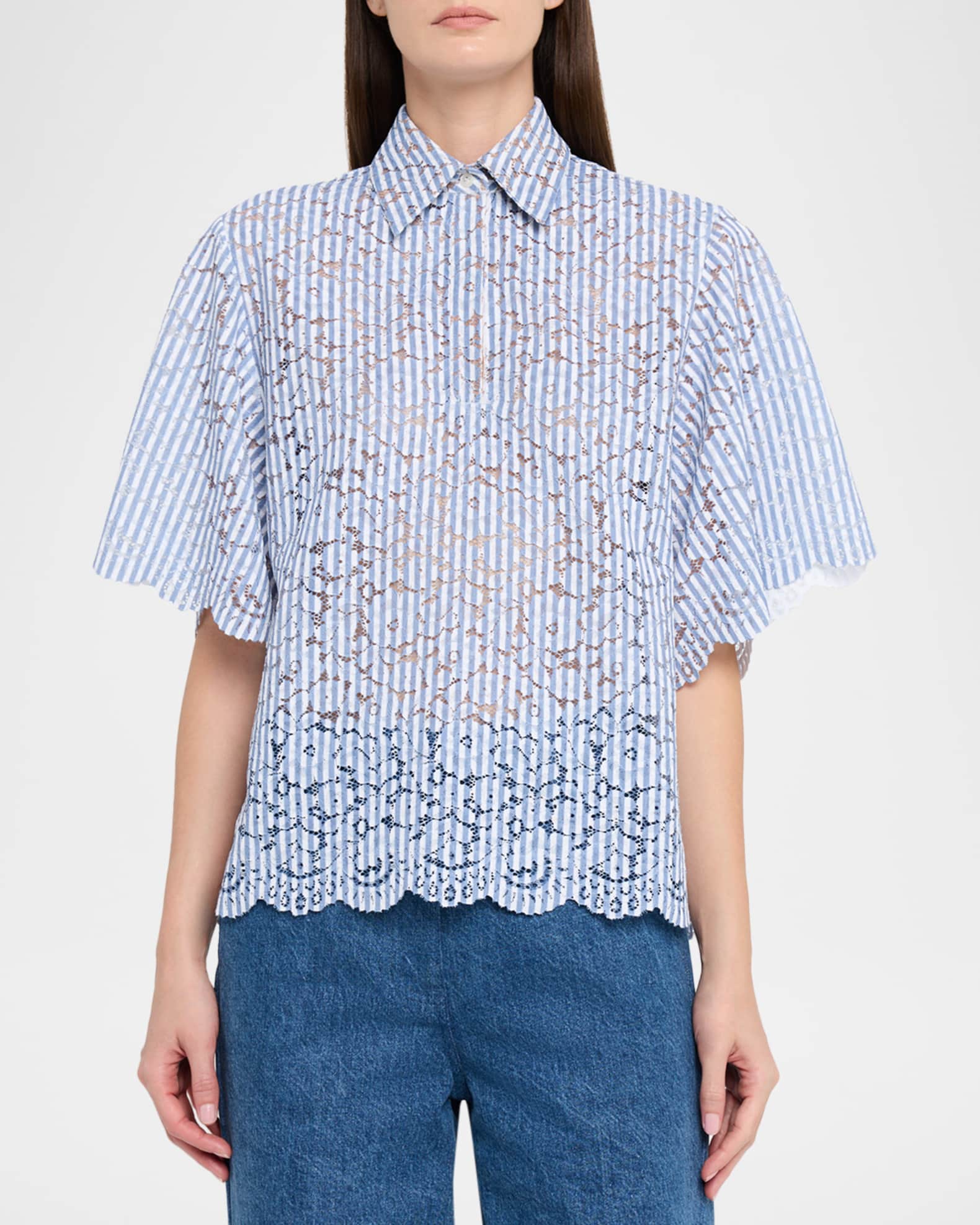 MICHAEL KORS トップス Michael Kors Collection Striped Lace Button-Down Shirt | Neiman Marcus