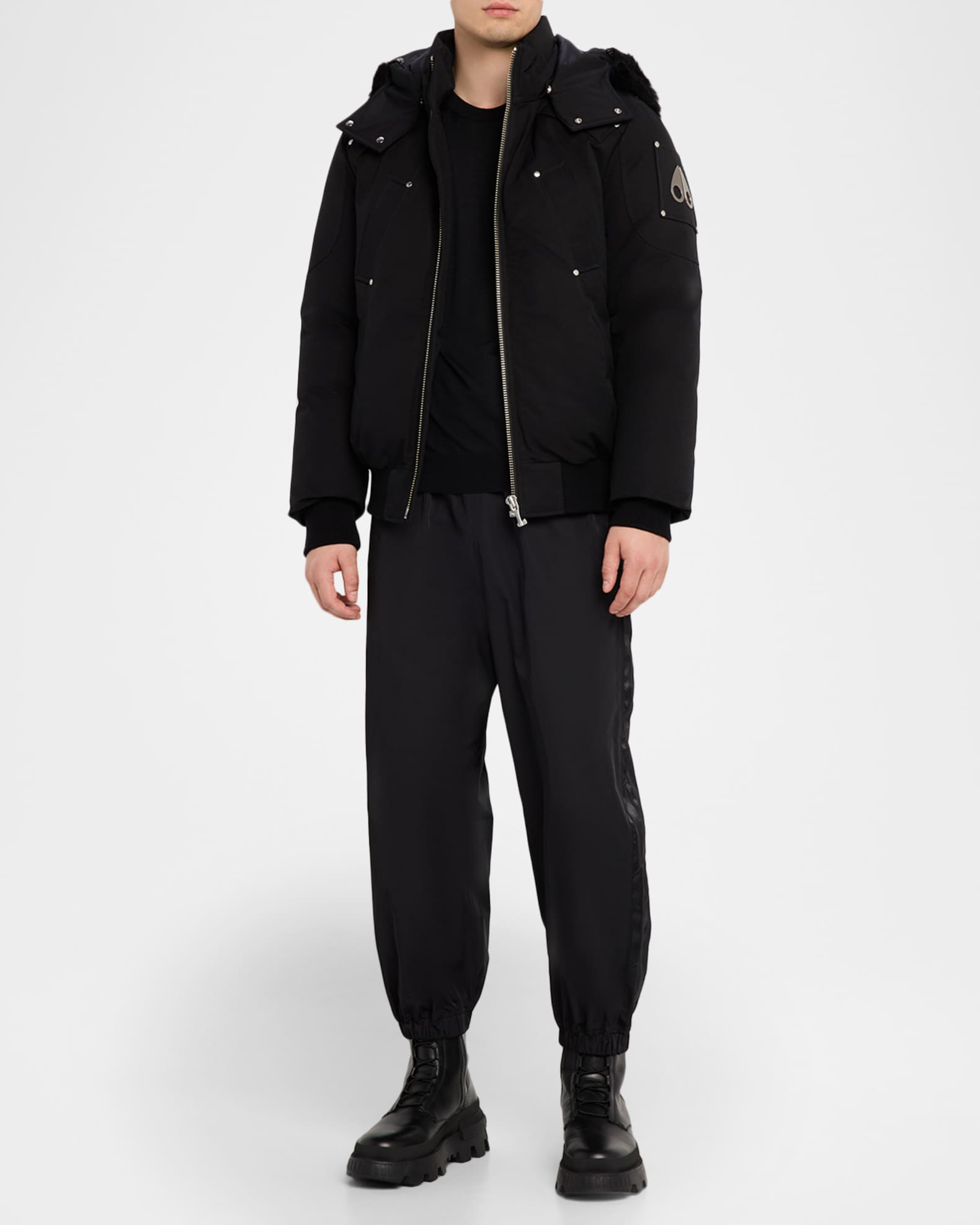 MOOSE KNUCKLE ブラックダウンジャケット Moose Knuckles Men's Original Ballist Shearling Trim Bomber Jacket