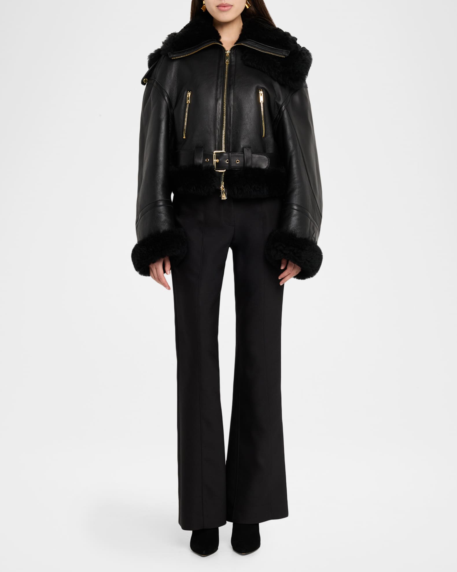 Moose Knuckles MTD Leather Biker Jacket with Shearling Trim