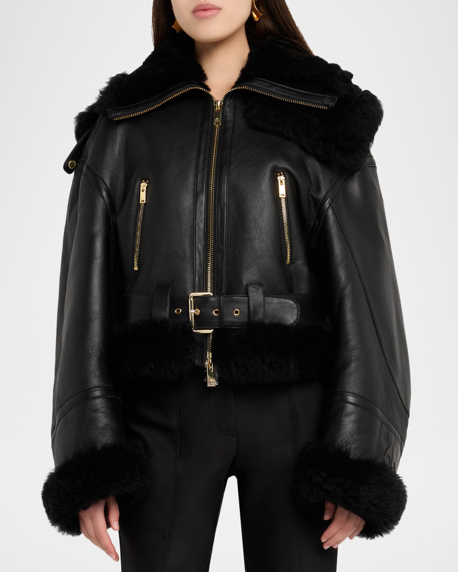 Moose Knuckles MTD Leather Biker Jacket with Shearling Trim