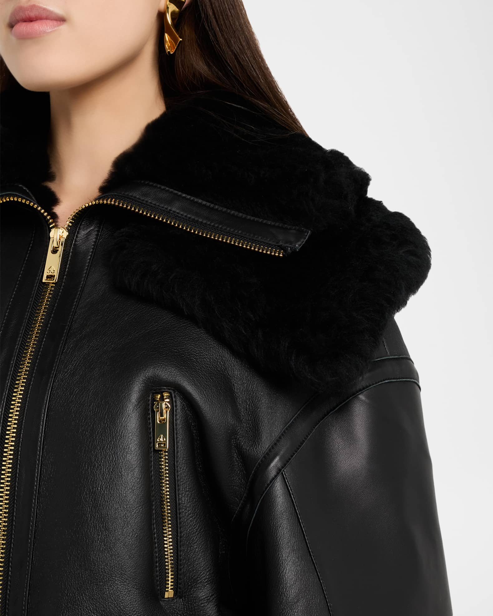 Moose Knuckles MTD Leather Biker Jacket with Shearling Trim