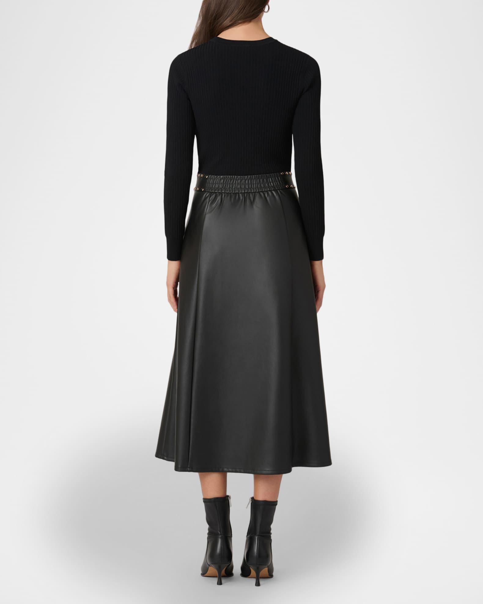 Shoshanna Cleo Combo Rib-Knit & Vegan Leather Midi Dress | Neiman