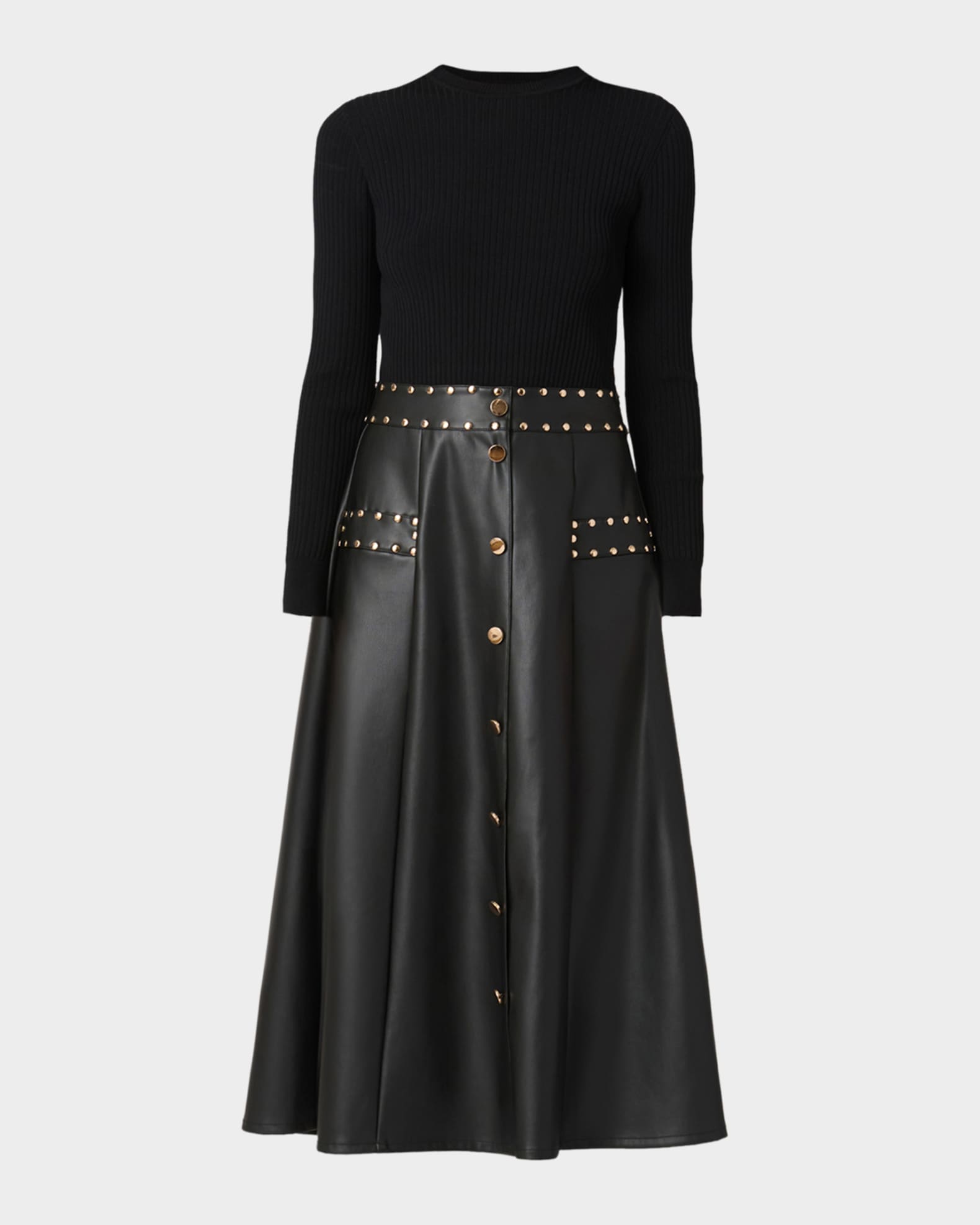 Shoshanna Cleo Combo Rib-Knit & Vegan Leather Midi Dress | Neiman