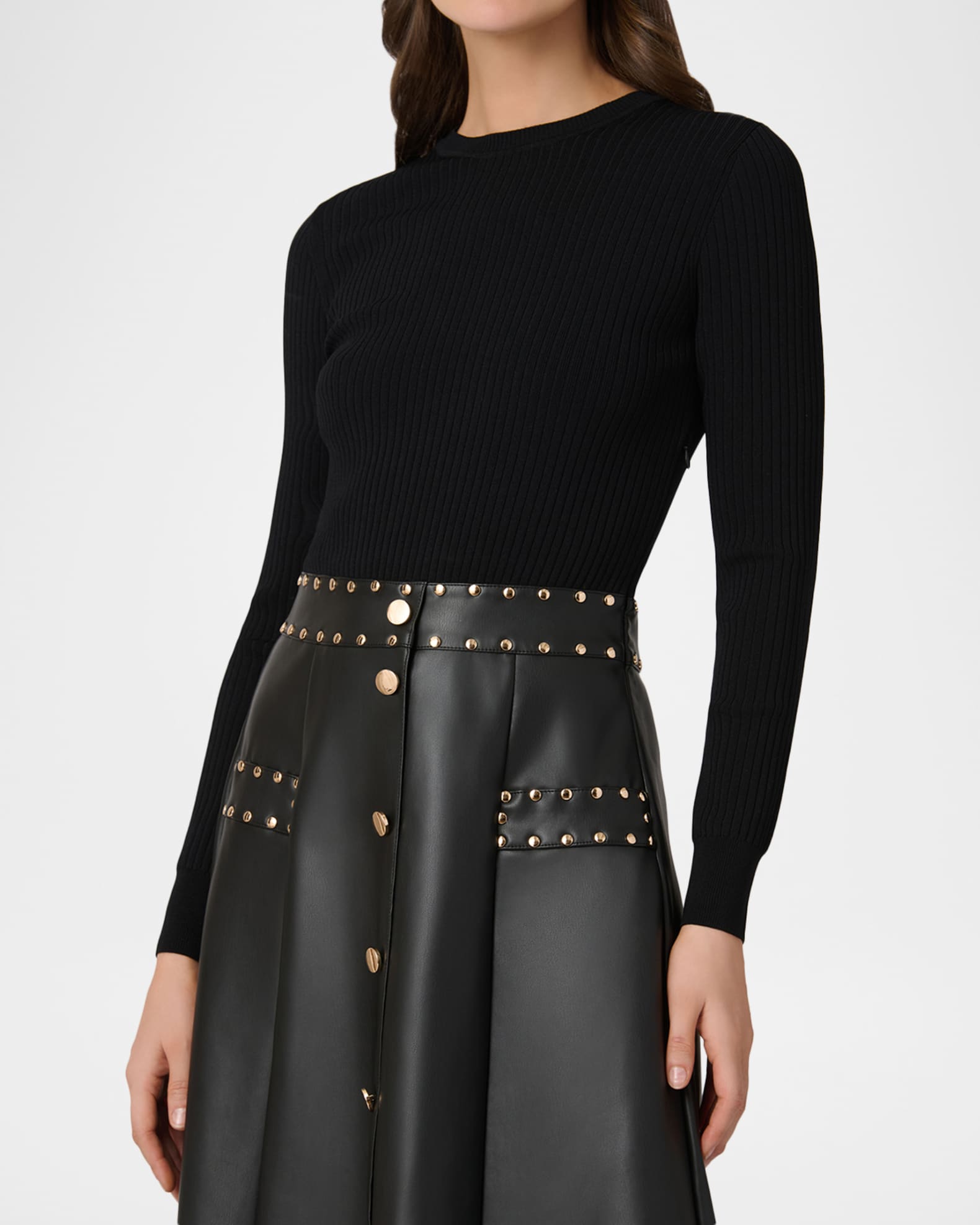 Shoshanna Cleo Combo Rib-Knit & Vegan Leather Midi Dress | Neiman