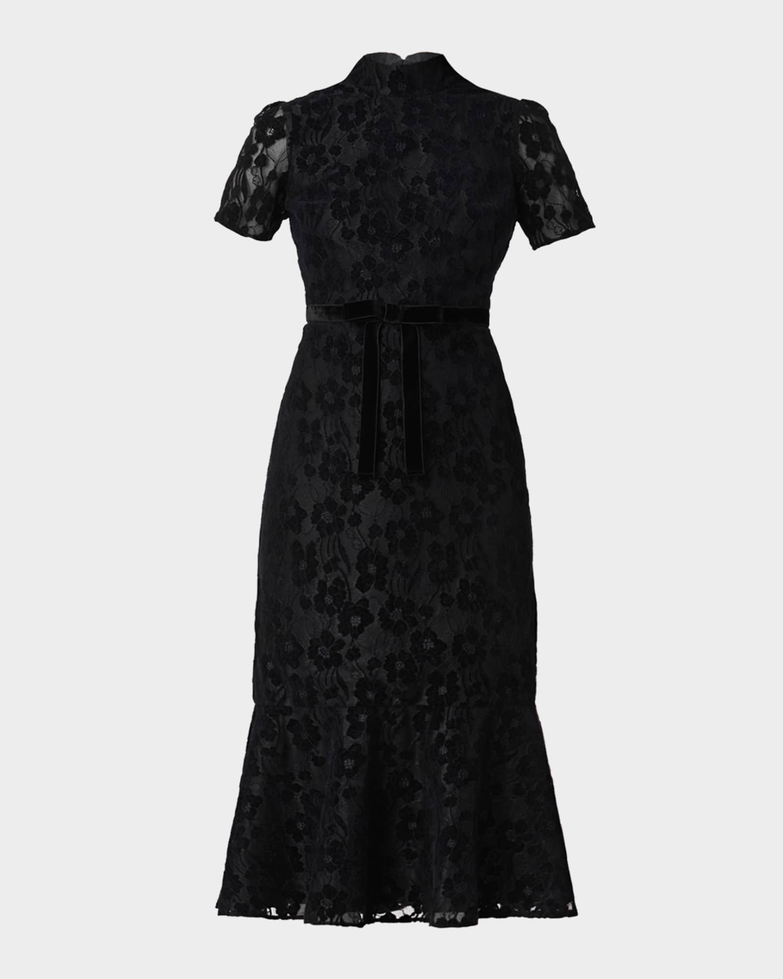 bow detail lace trim a line midi dress in black Rina Lace Midi Dress main image 1