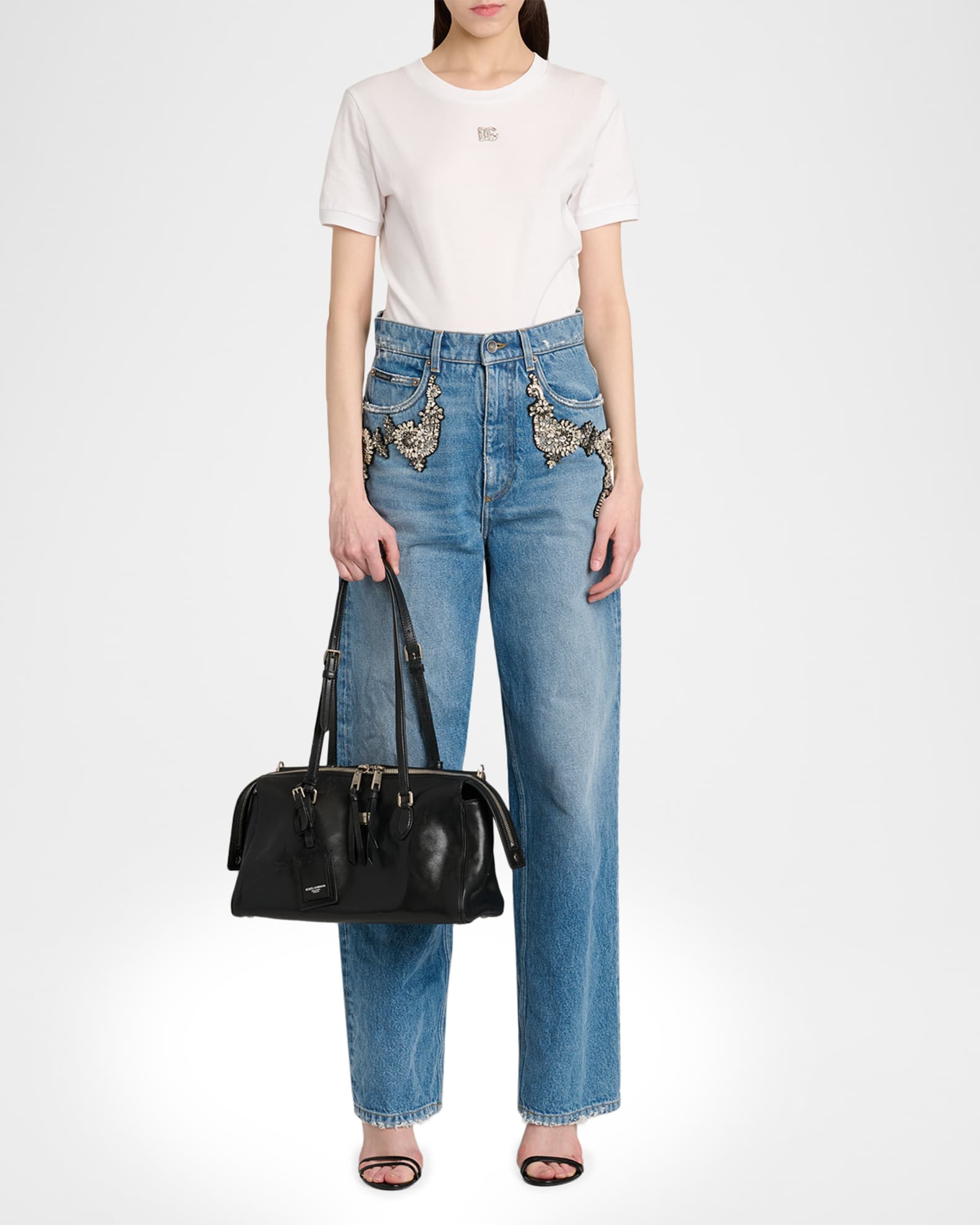 Dolce&Gabbana Crystal Embellished Straight-Leg Jeans | Neiman Marcus