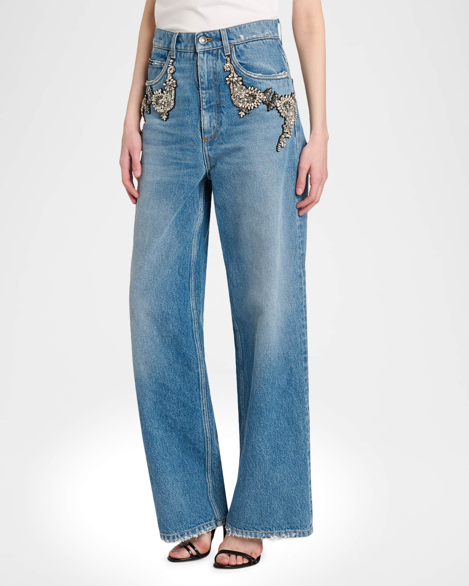 Dolce&Gabbana Crystal Embellished Straight-Leg Jeans | Neiman Marcus