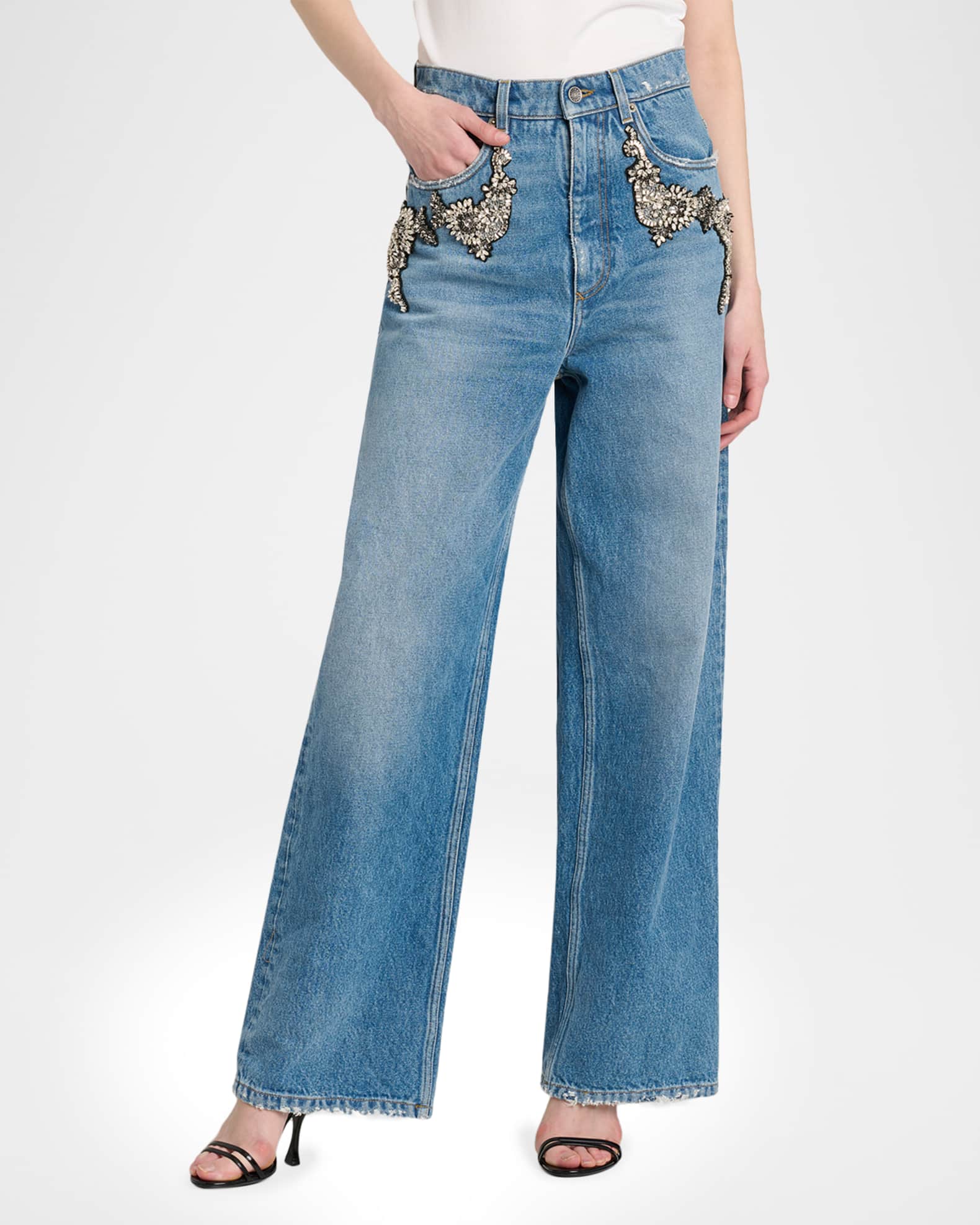 Dolce&Gabbana Crystal Embellished Straight-Leg Jeans | Neiman Marcus