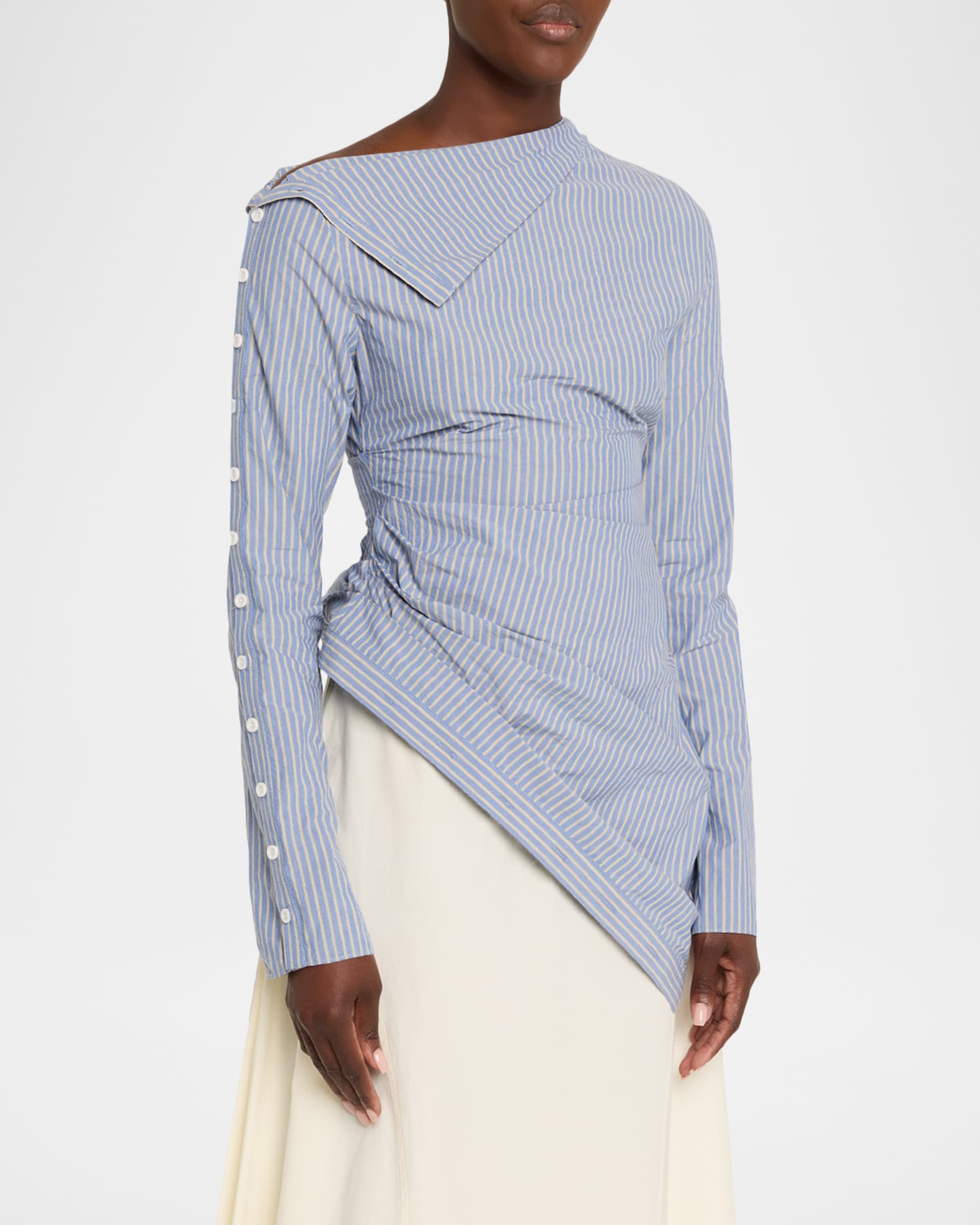 Jane Wade Asymmetric Pinstripe Button-Sleeve Blouse | Neiman Marcus