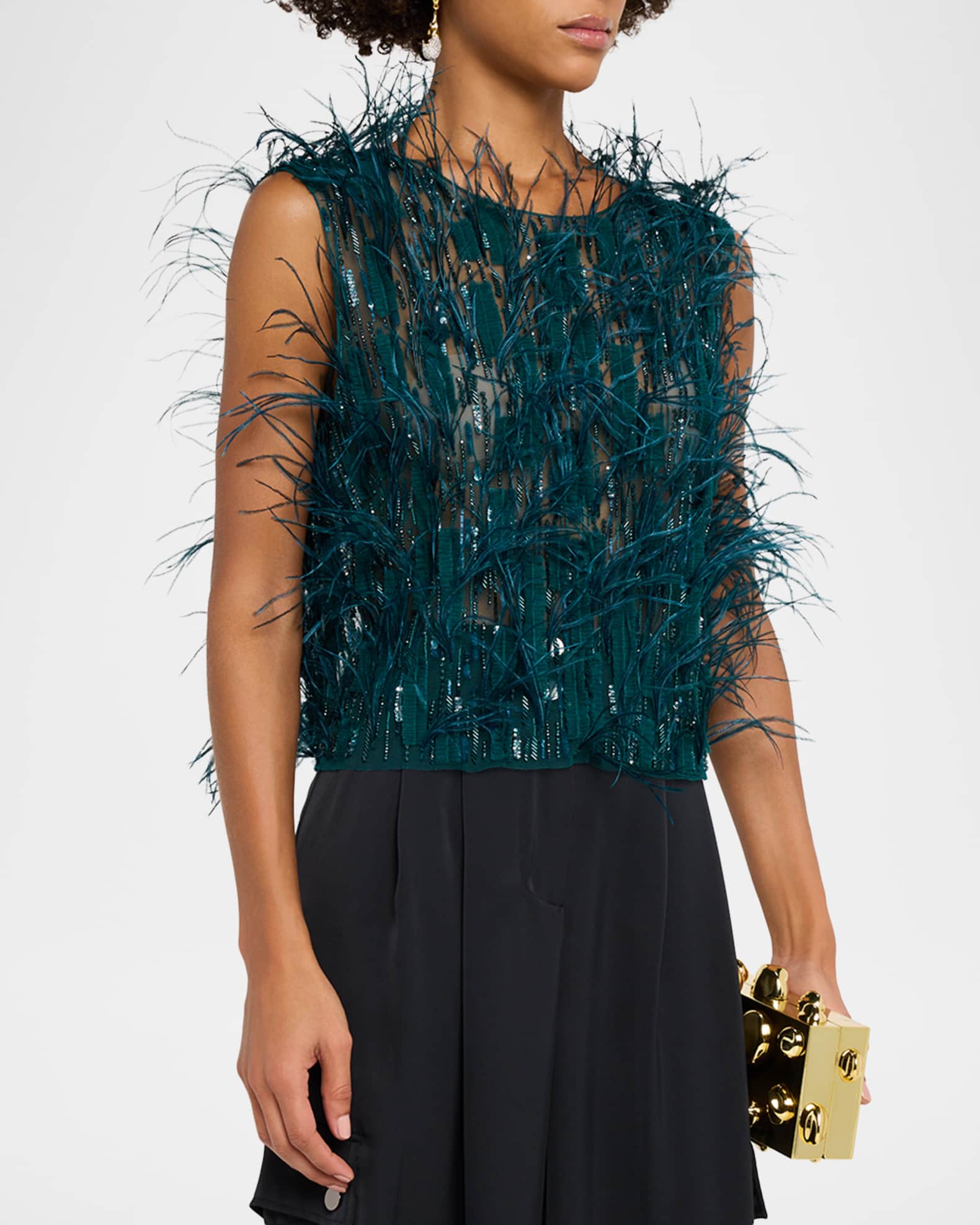 LAPOINTE Cascading Feather Embellished Crop Tank Top | Neiman Marcus