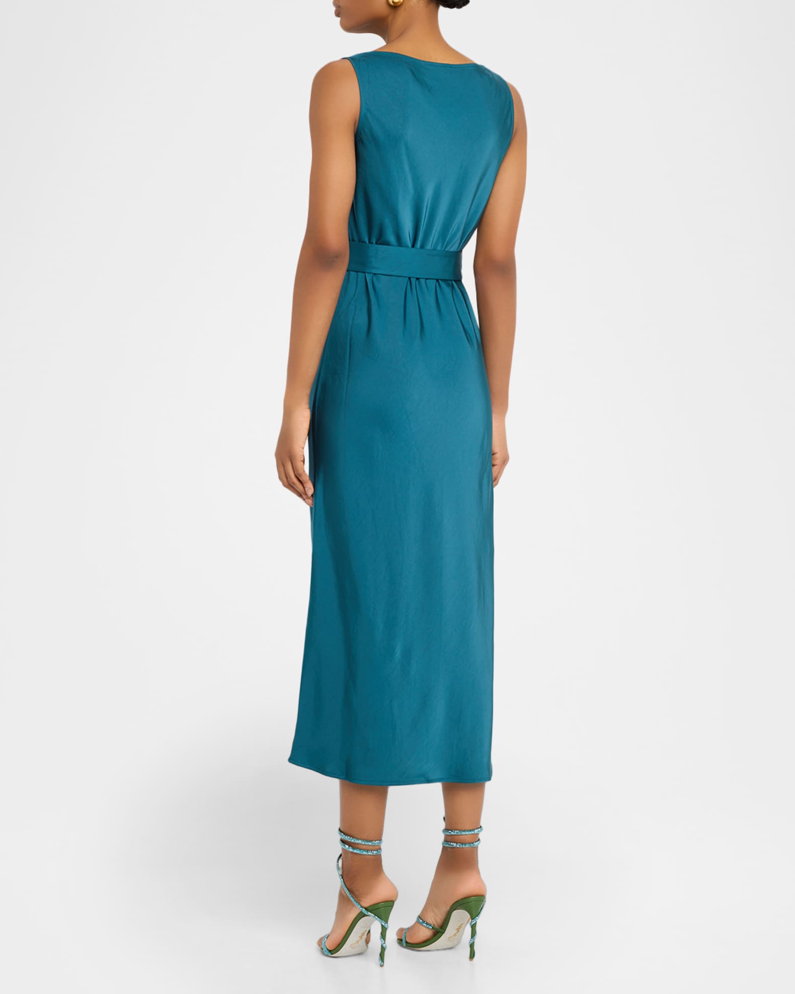 knee length dresses for ladies Black cady satin belted midi dress – Daniello.com main image 1