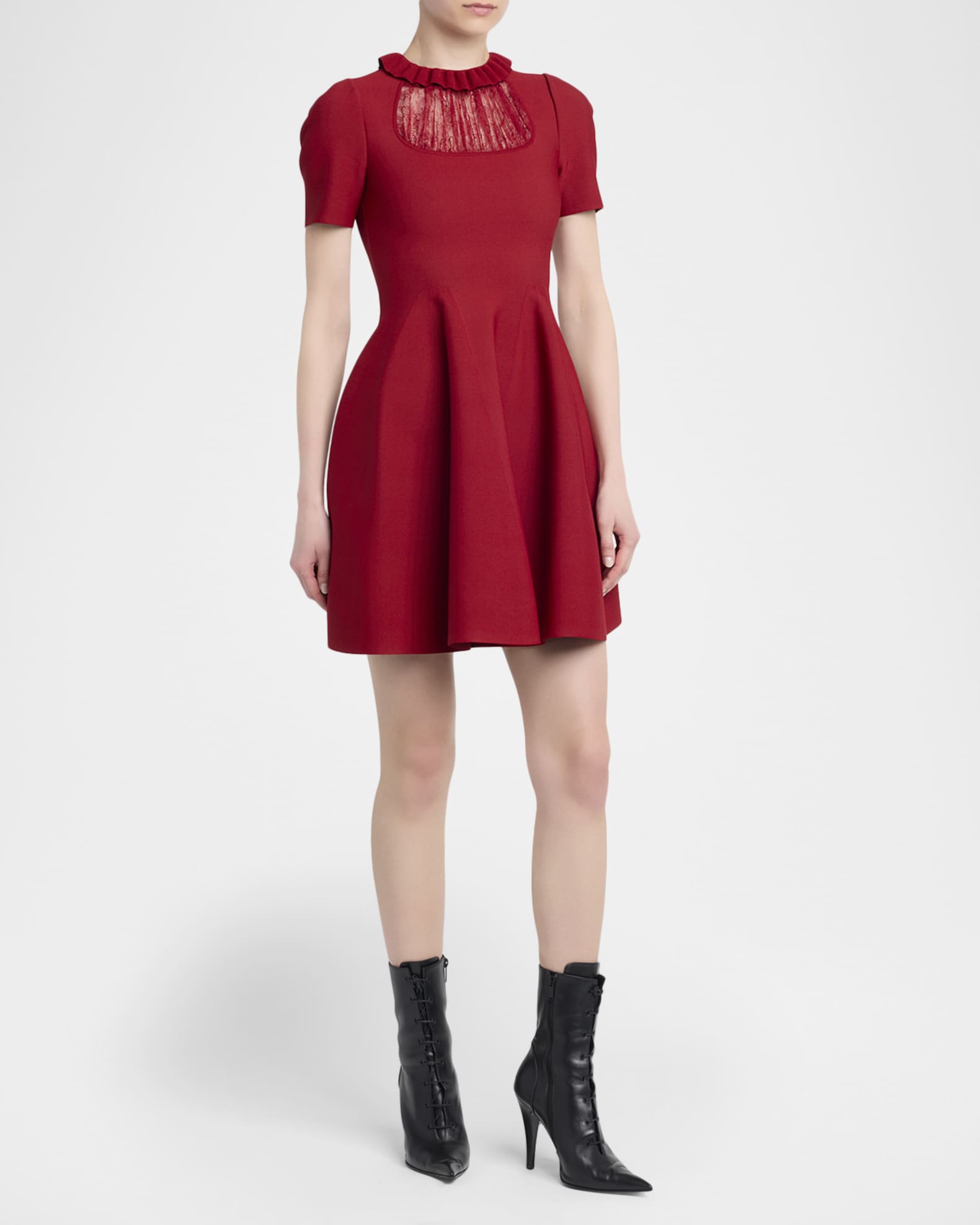green emerald velvet dress Brick Red Short Sleeves Wrap Fit and Flare Dress with Lace Belt for Wo