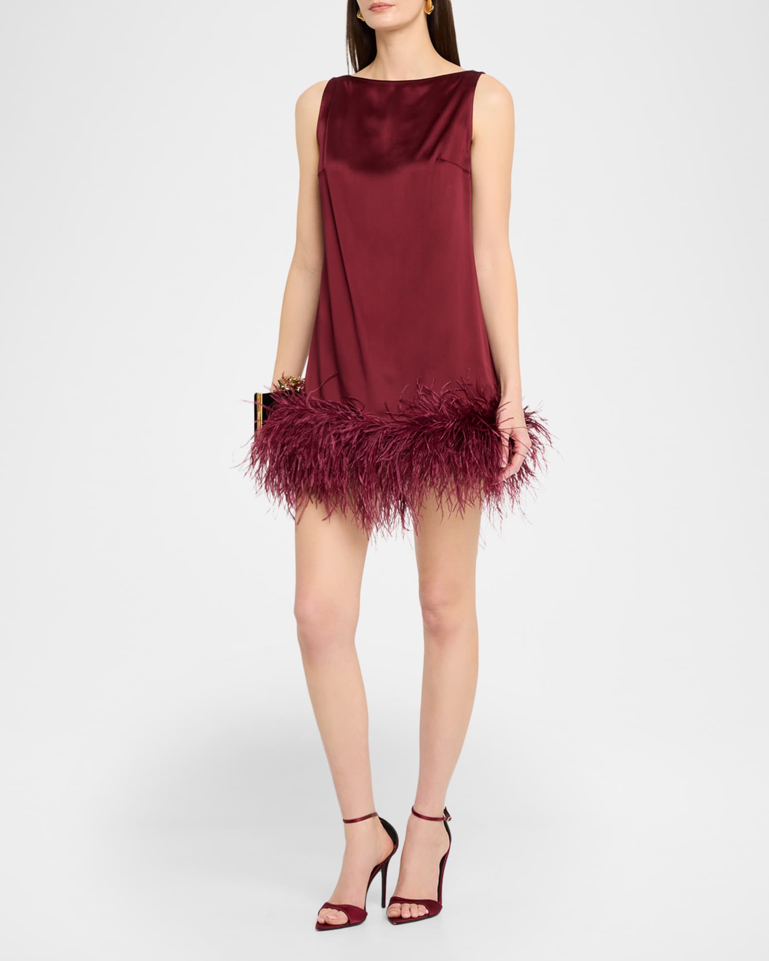 Lapointe Satin Sleeveless Mini Dress with Feathers | Crimson / Xs