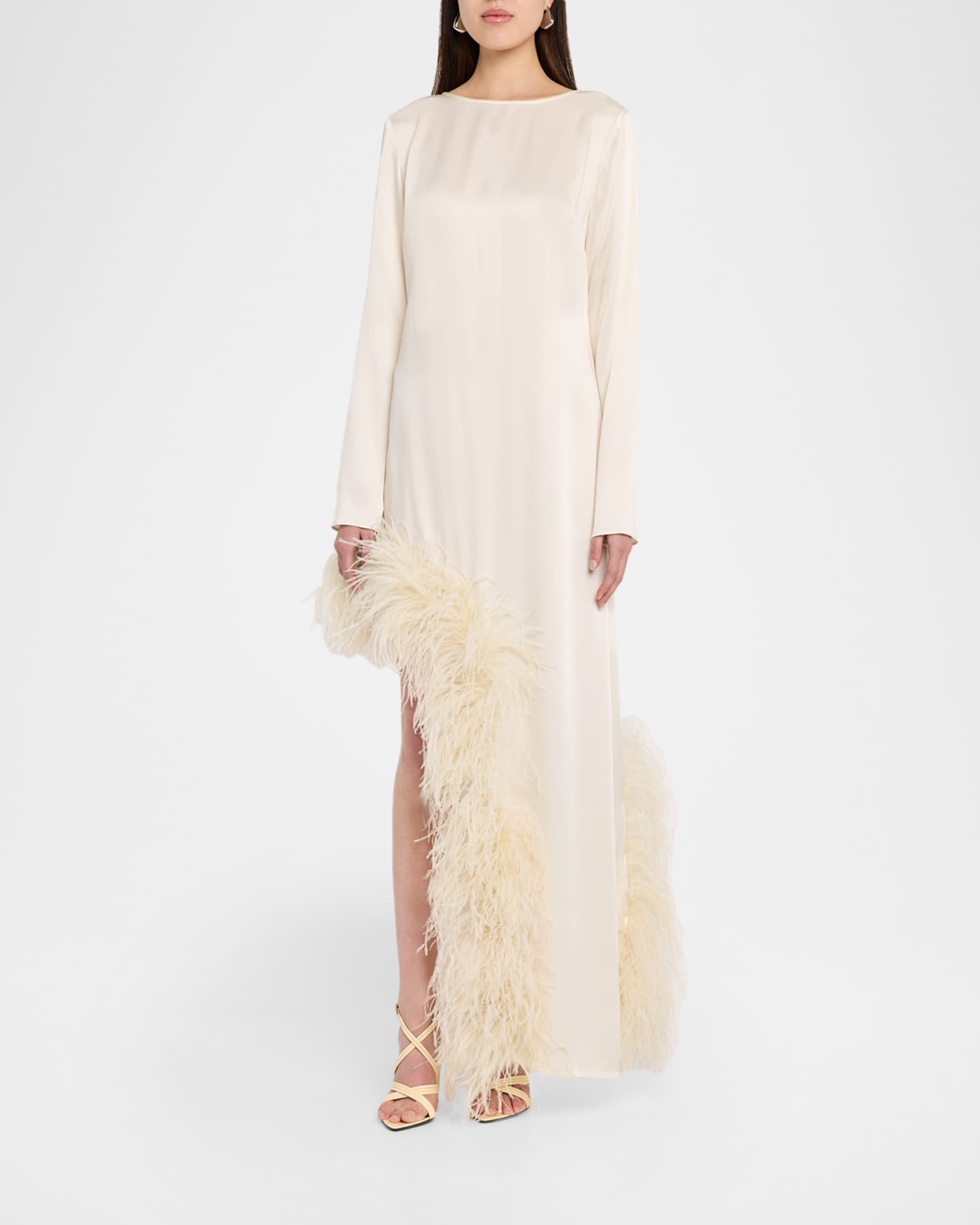 Lapointe Feather-Trim Asymmetric Long-Sleeve Satin Dress, Cream, Women's, 2, Cocktail & Party Wedding Guest Dresses Satin & Silk Dresses